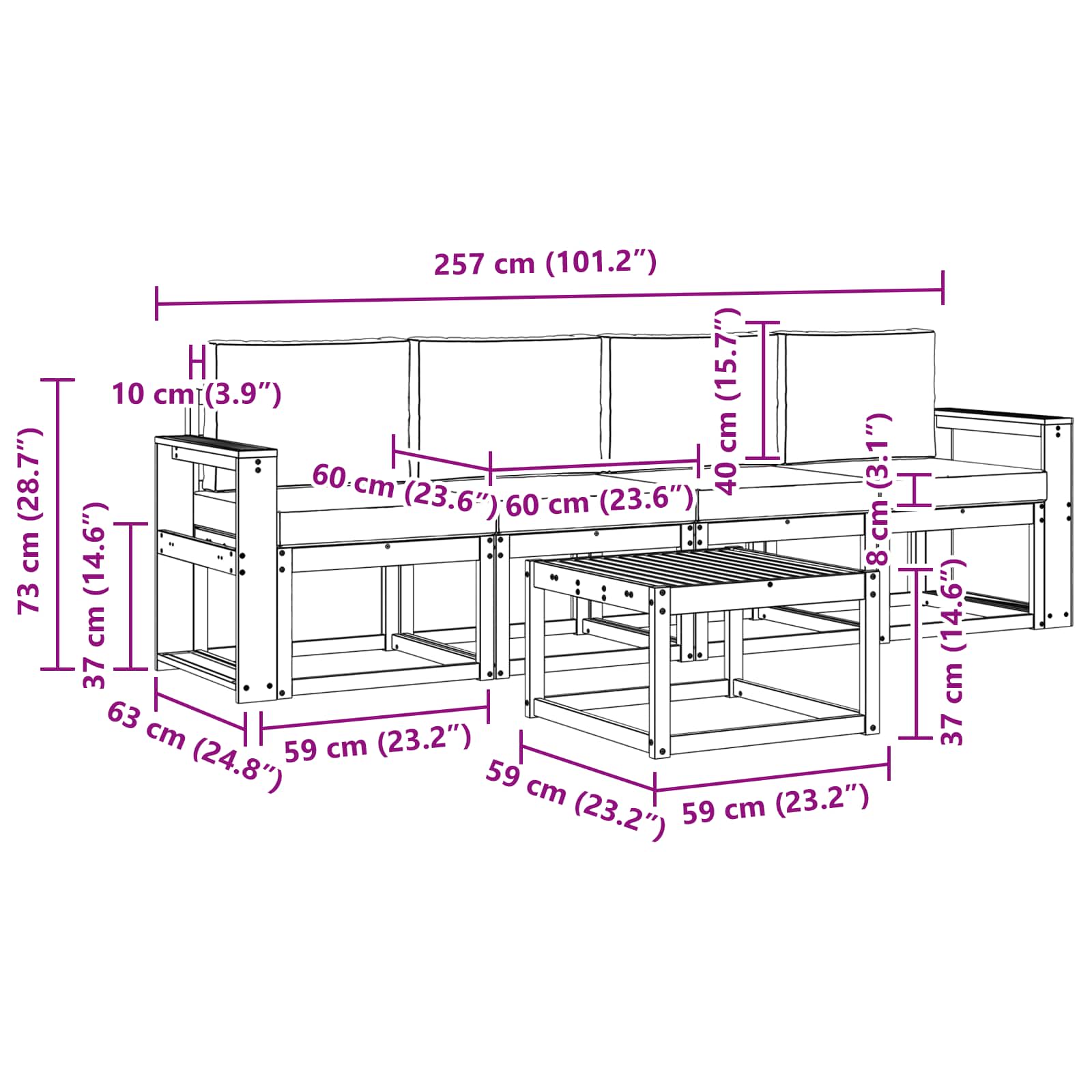 Outdoor-Sofagarnitur 5 pcs Weiß und Hellgrau 59 x 59 x 37 cm