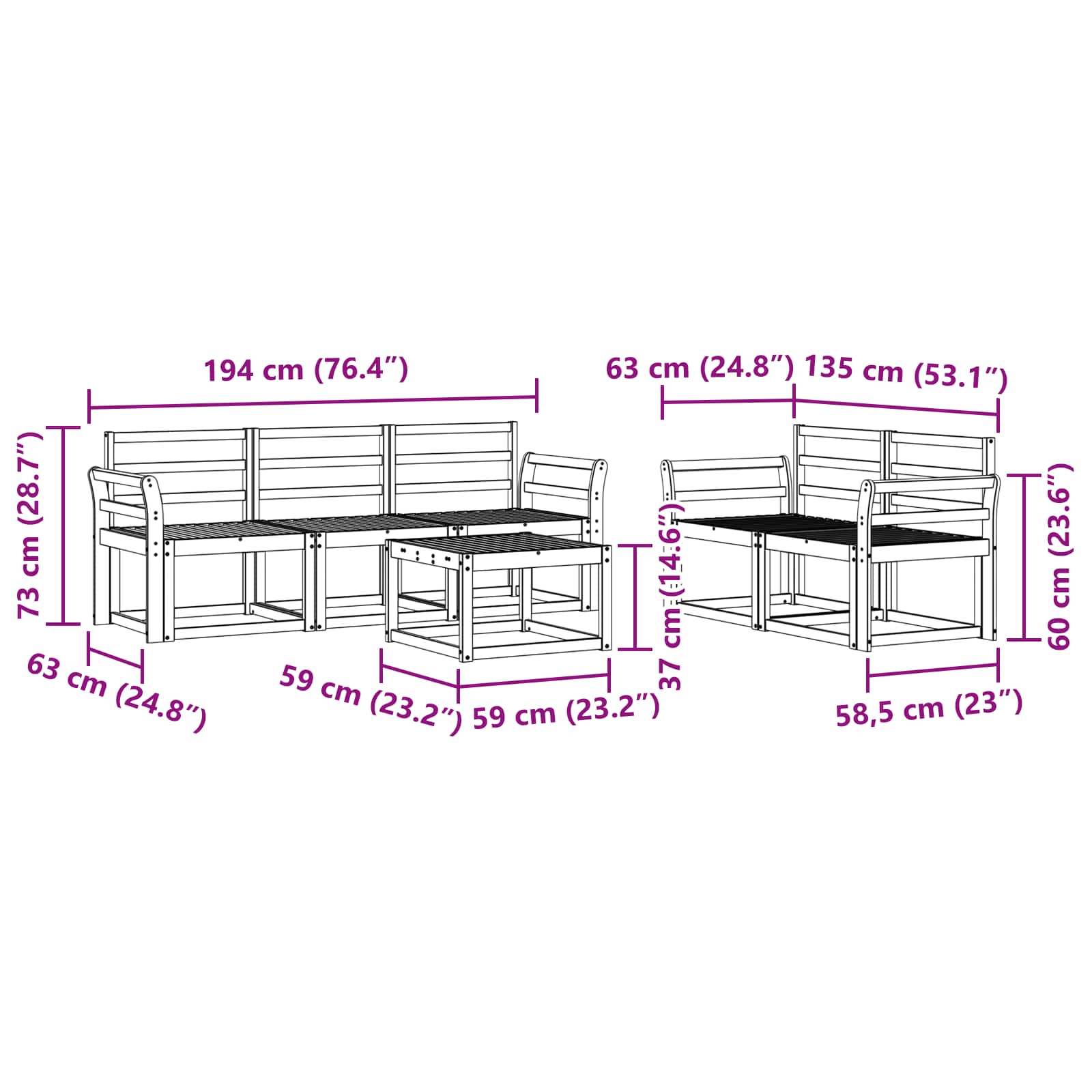 Outdoor-Sofagarnitur 6 pcs Weiß 59 x 59 x 37 cm