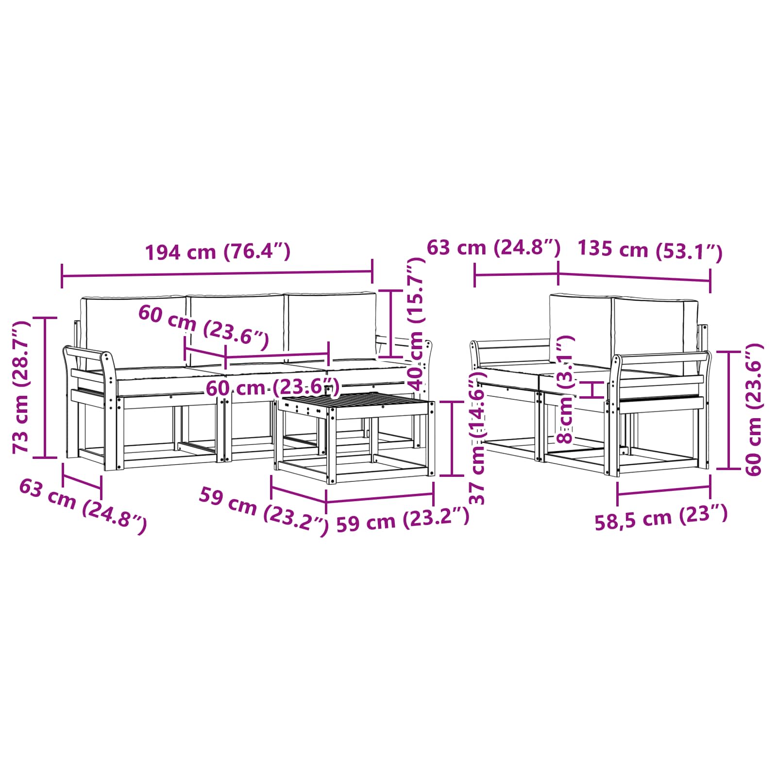 Outdoor-Sofagarnitur 6 pcs Weiß und Hellgrau 59 x 59 x 37 cm