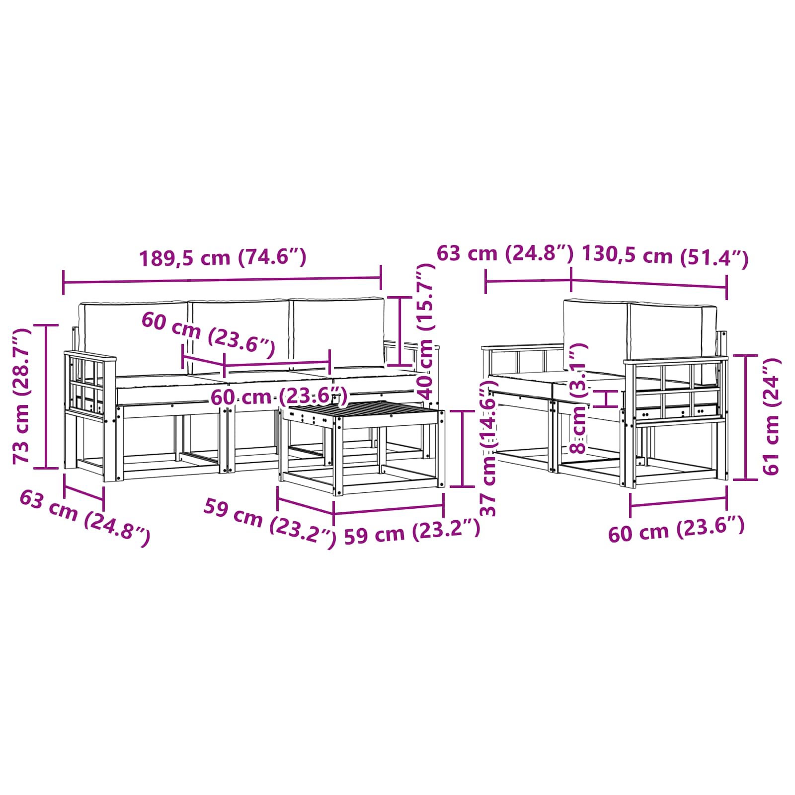 Outdoor-Sofagarnitur 6 pcs Weiß und Hellgrau 59 x 59 x 37 cm