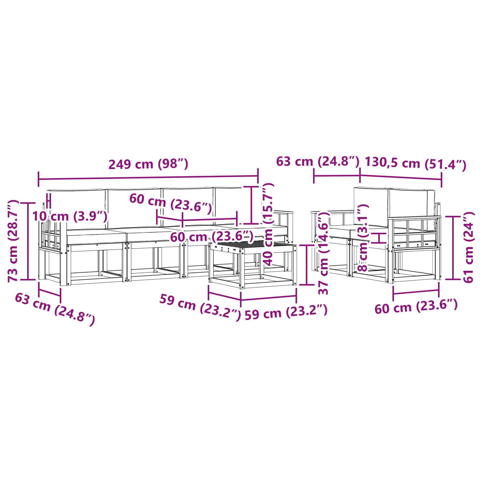 Outdoor-Sofagarnitur 7 pcs Weiß und Hellgrau 59 x 59 x 37 cm