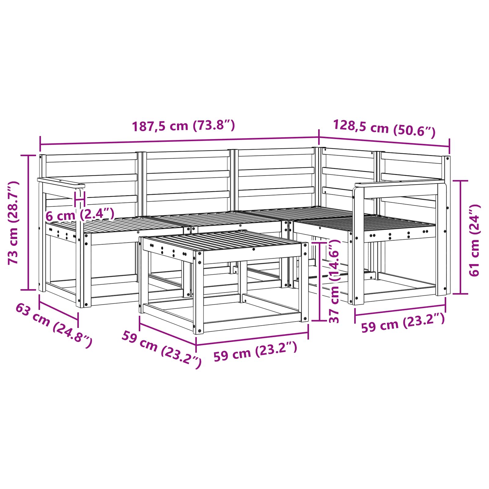 Outdoor-Sofagarnitur 5 pcs Weiß 59 x 59 x 37 cm