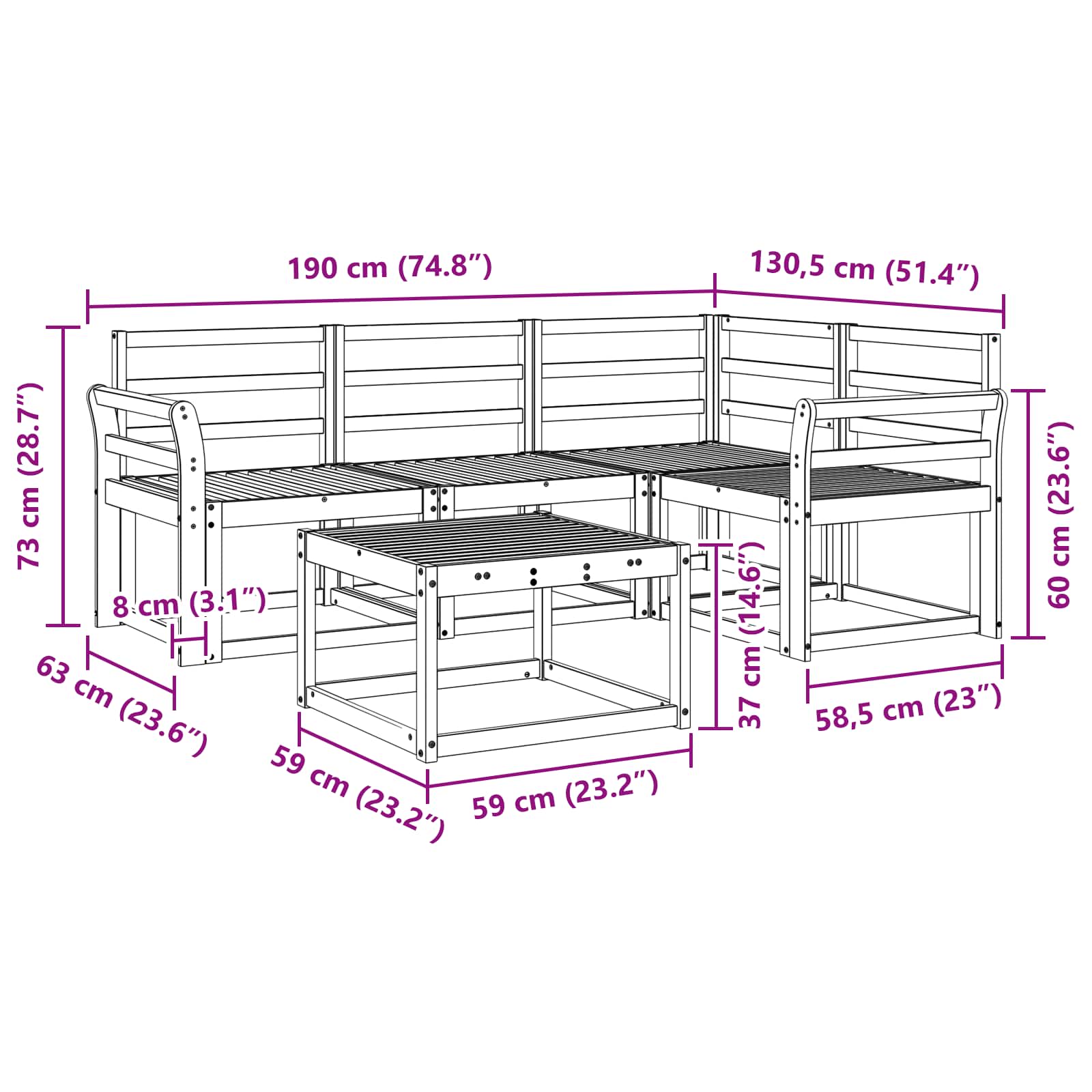 Outdoor-Sofagarnitur 5 pcs Weiß 59 x 59 x 37 cm