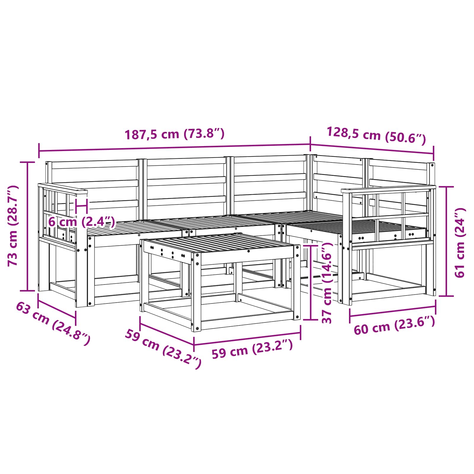 Outdoor-Sofagarnitur 5 pcs Weiß 59 x 59 x 37 cm