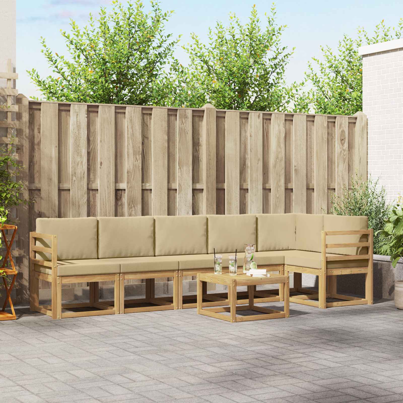 Outdoor-Sofagarnitur mit Kissen 7 pcs Weiß und Beige Polyester