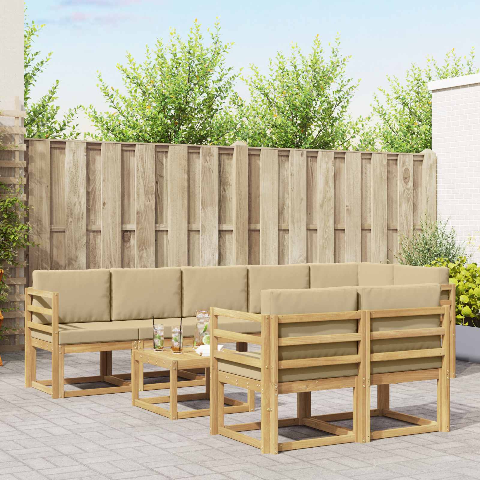 Outdoor-Sofagarnitur mit Kissen 9 pcs Weiß und Beige Polyester