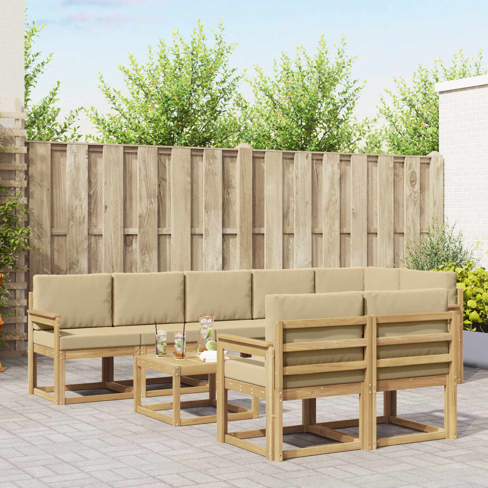 Outdoor-Sofagarnitur mit Kissen 9 pcs Weiß und Beige Polyester