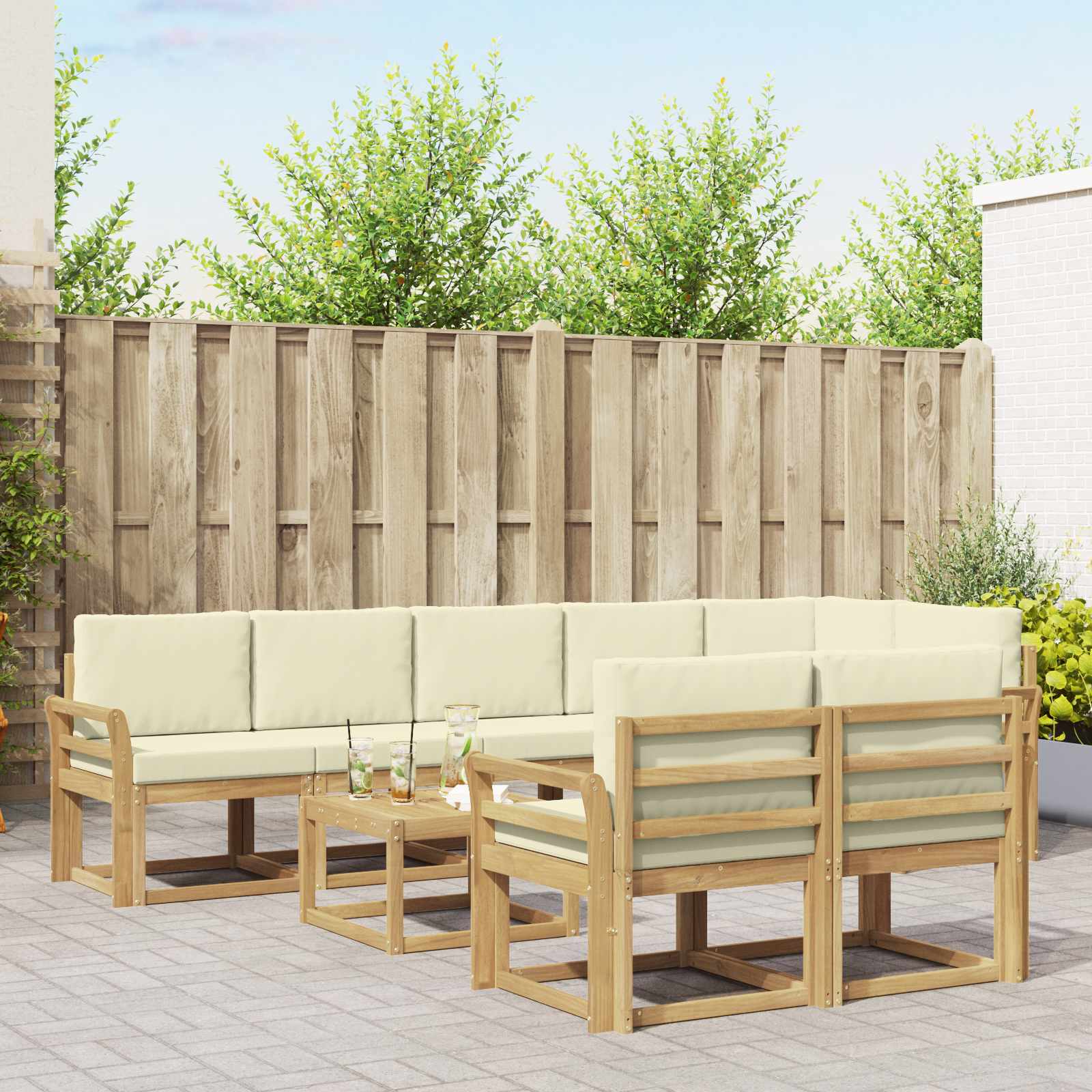 Outdoor-Sofagarnitur mit Kissen 9 pcs Weiß und Creme Polyester
