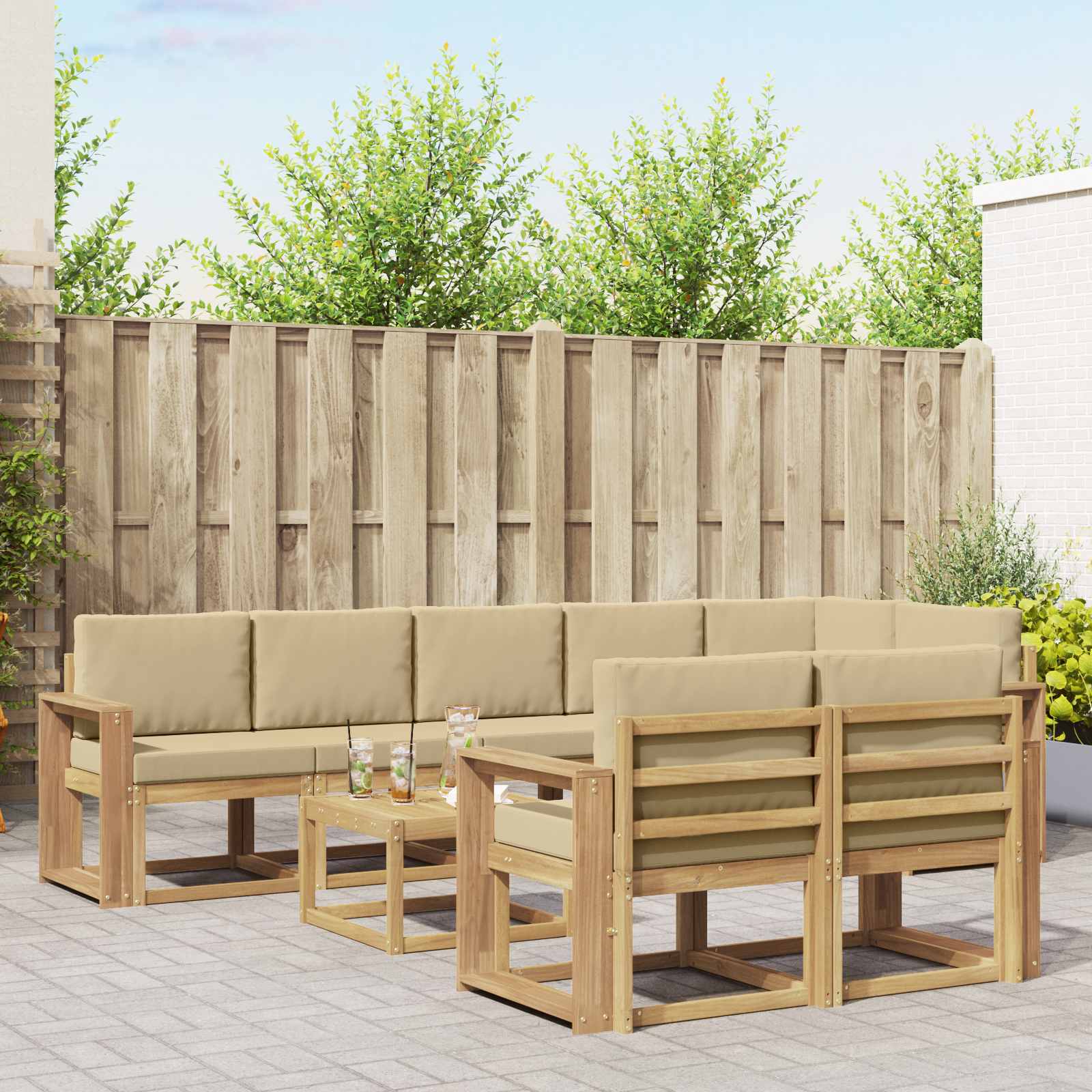 Outdoor-Sofagarnitur mit Kissen 9 pcs Weiß und Beige Polyester