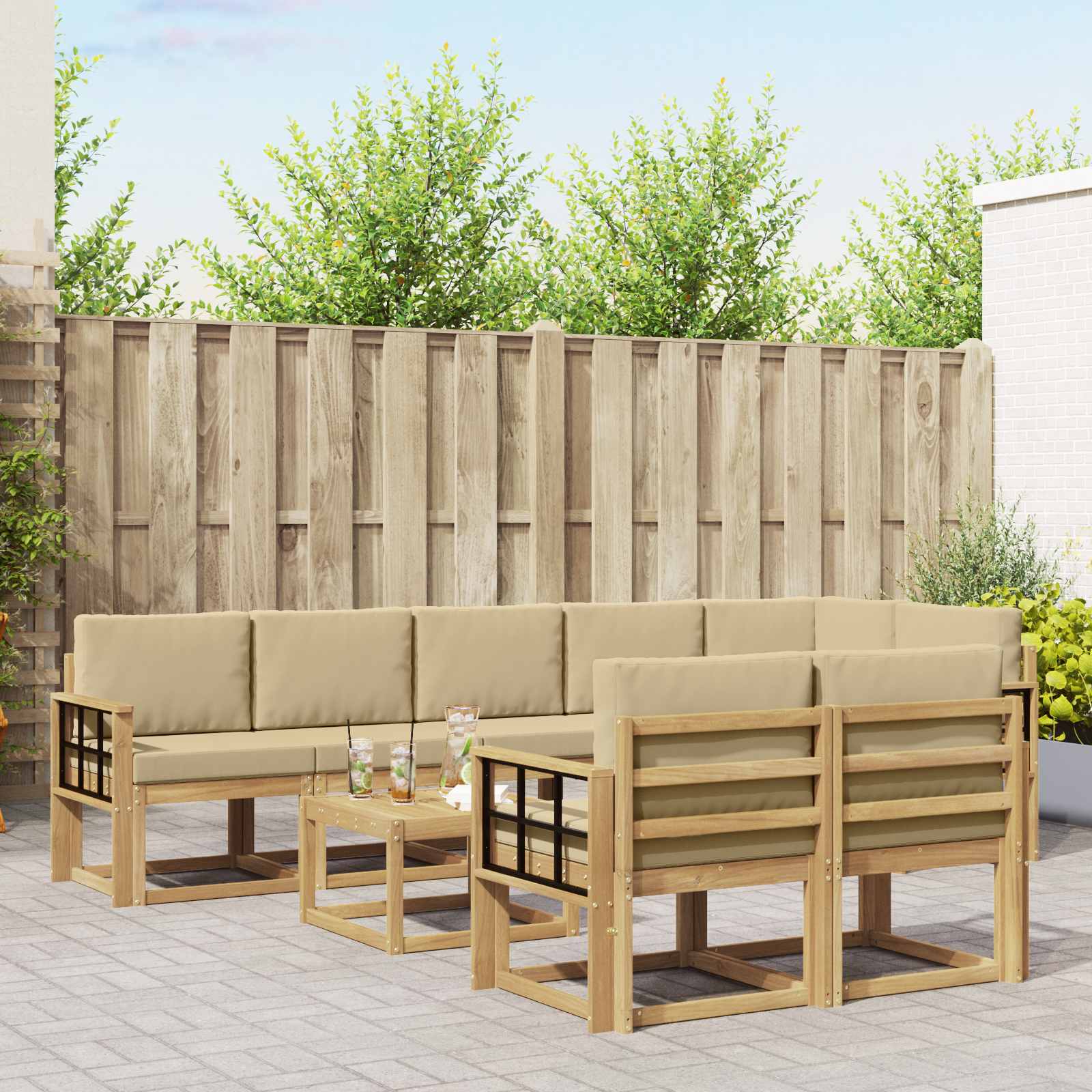 Outdoor-Sofagarnitur mit Kissen 9 pcs Weiß und Beige Polyester
