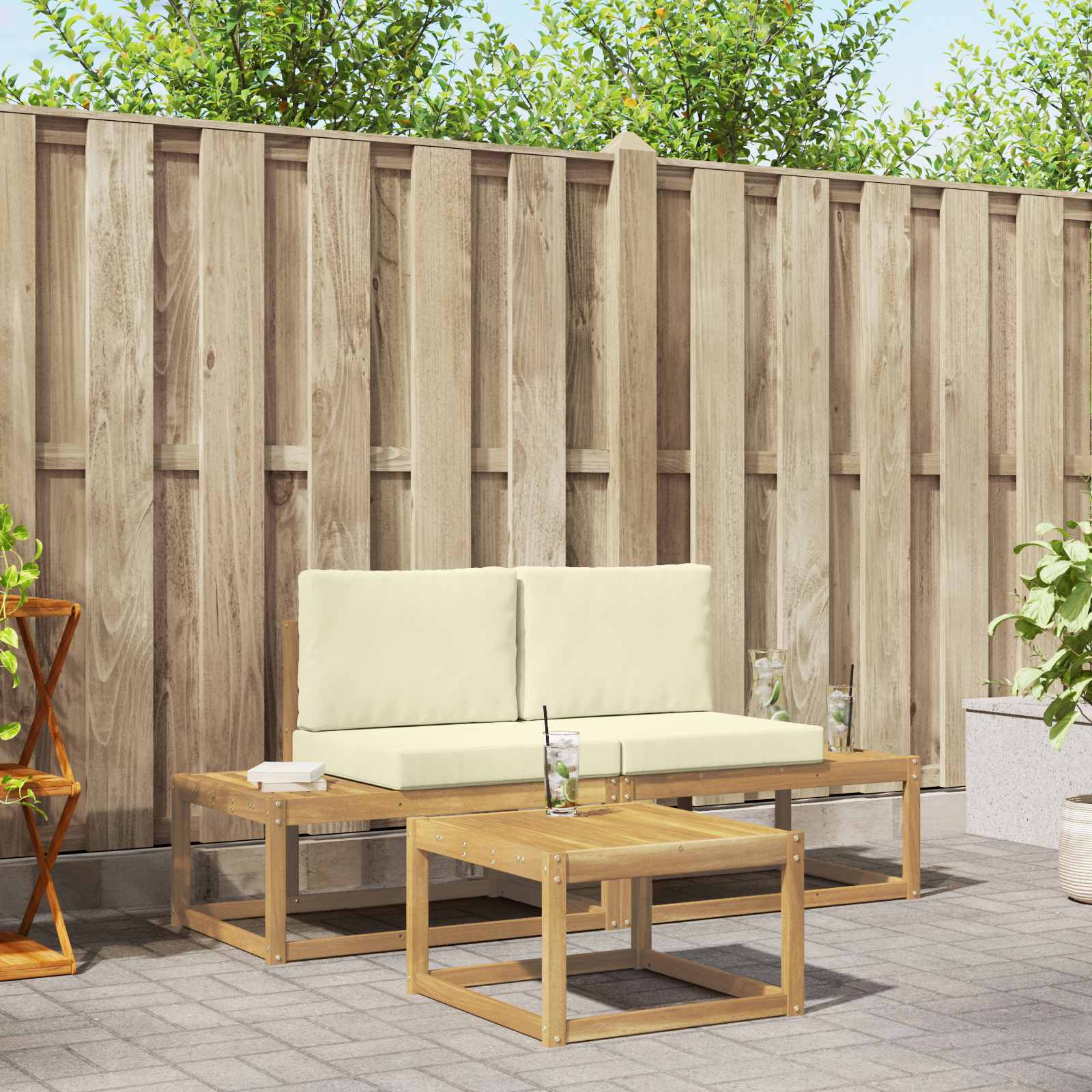 Outdoor-Sofagarnitur mit Kissen 3 pcs Weiß und Creme Polyester
