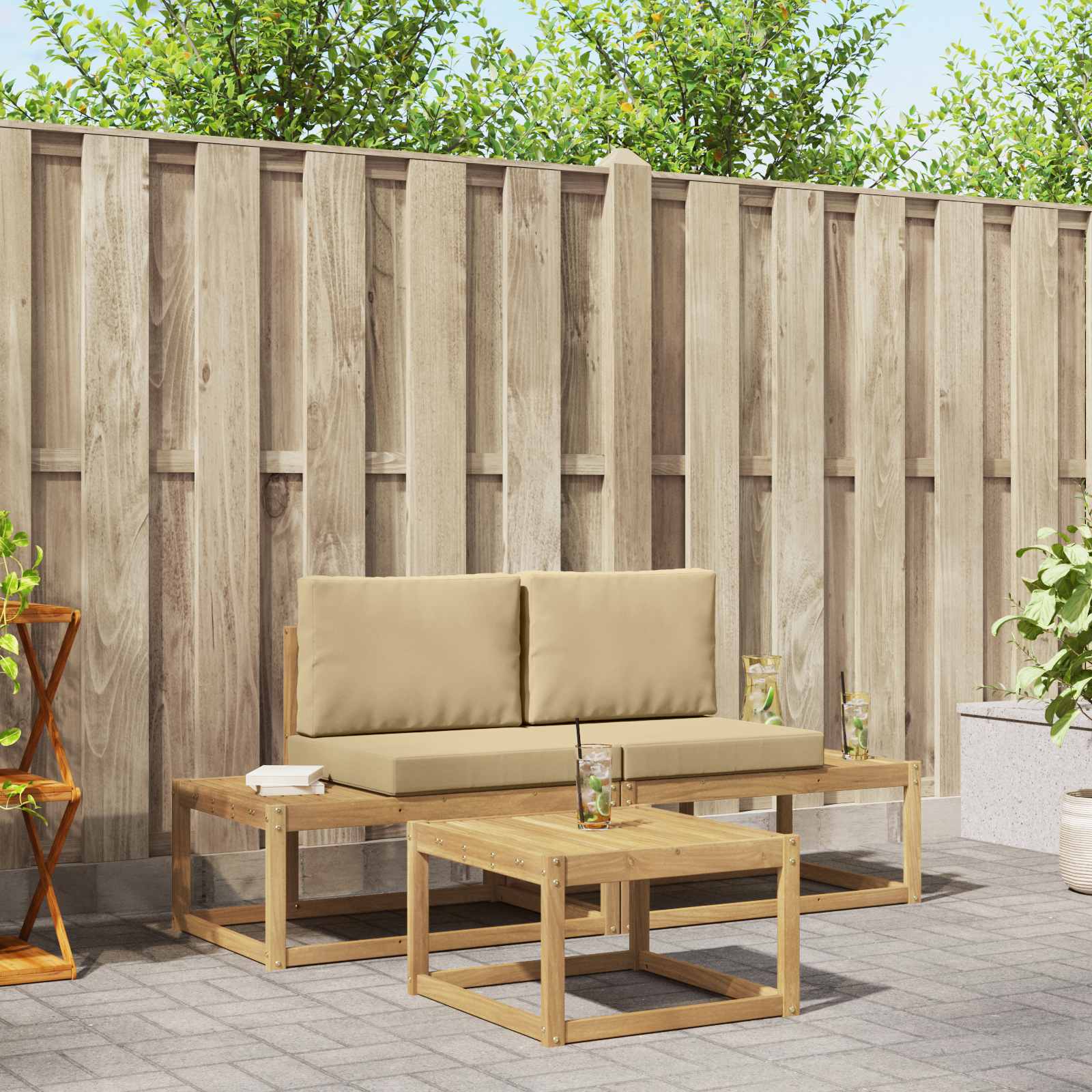 Outdoor-Sofagarnitur mit Kissen 3 pcs Weiß und Beige Polyester