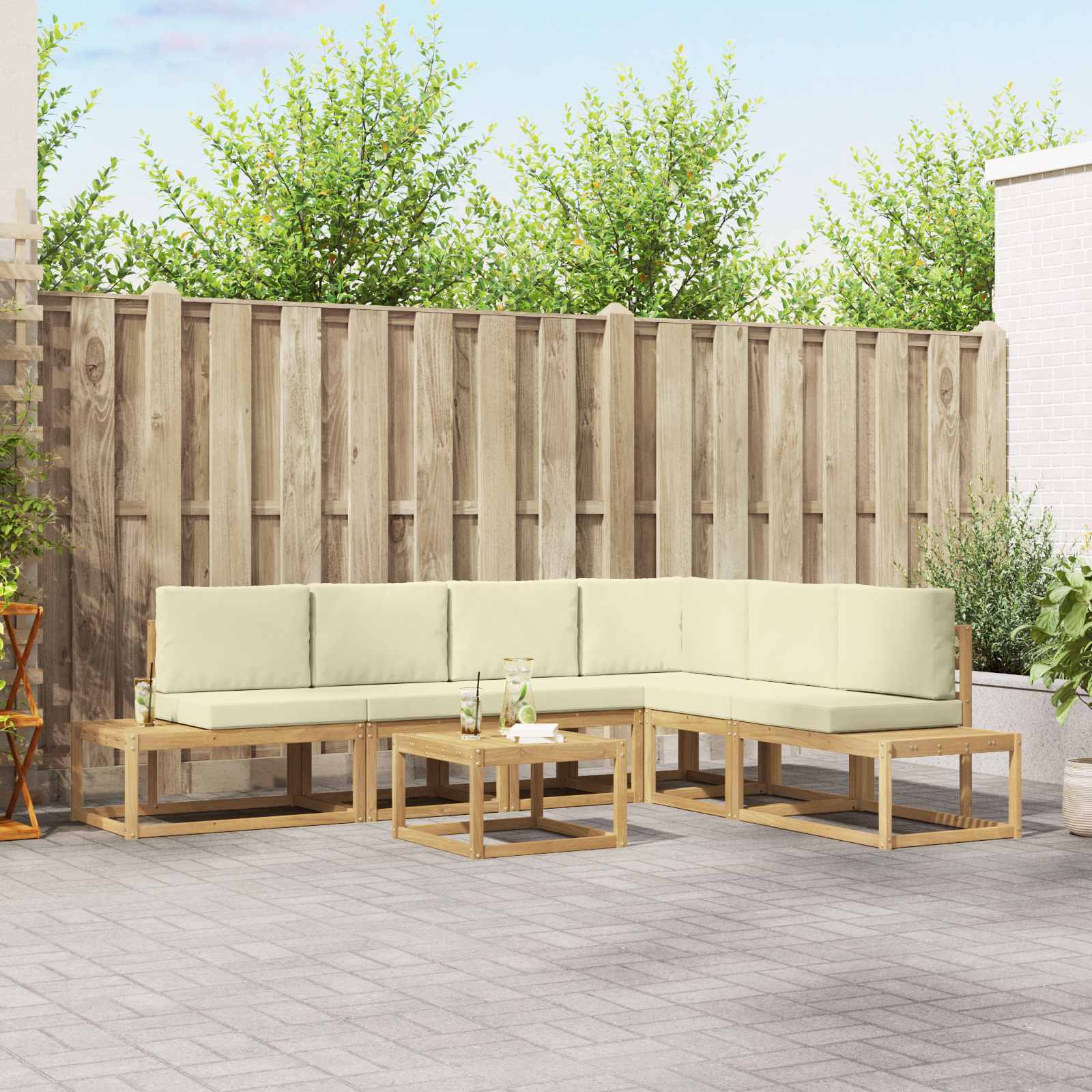 Outdoor-Sofagarnitur 5 Stück Weiß und Creme Polyester
