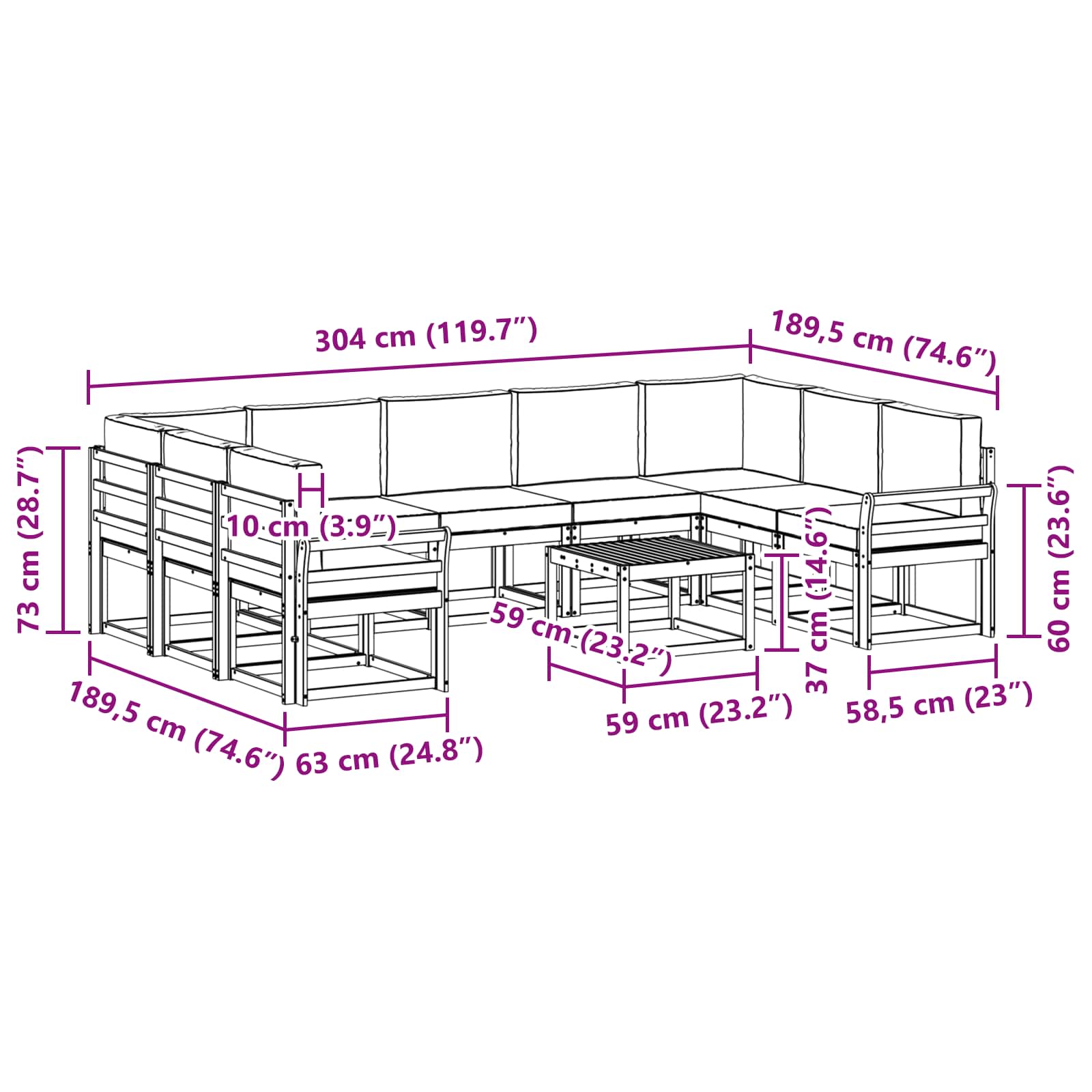 Outdoor-Sofagarnitur 10 pcs Weiß und Creme 59 x 59 x 37 cm