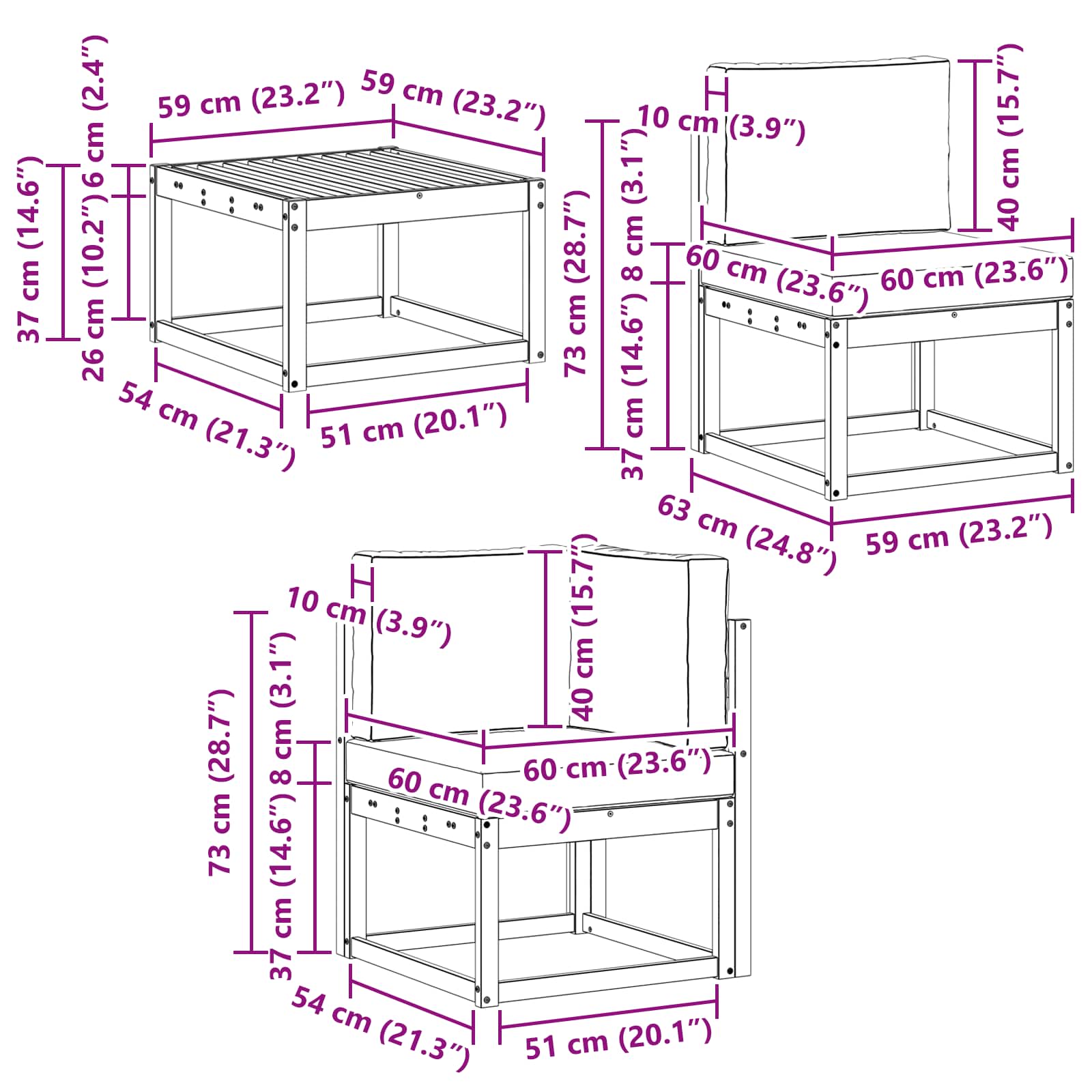 Outdoor-Sofagarnitur 10 pcs Weiß und Creme 59 x 59 x 37 cm