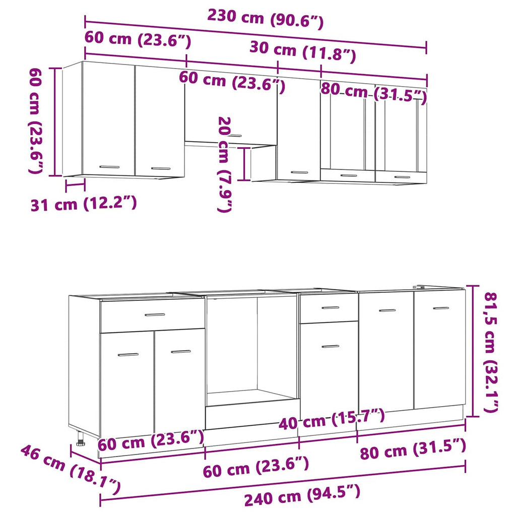 Küchenschrank-Set mit Tür Lyon 8 pcs Räuchereiche Holzwerkstoff