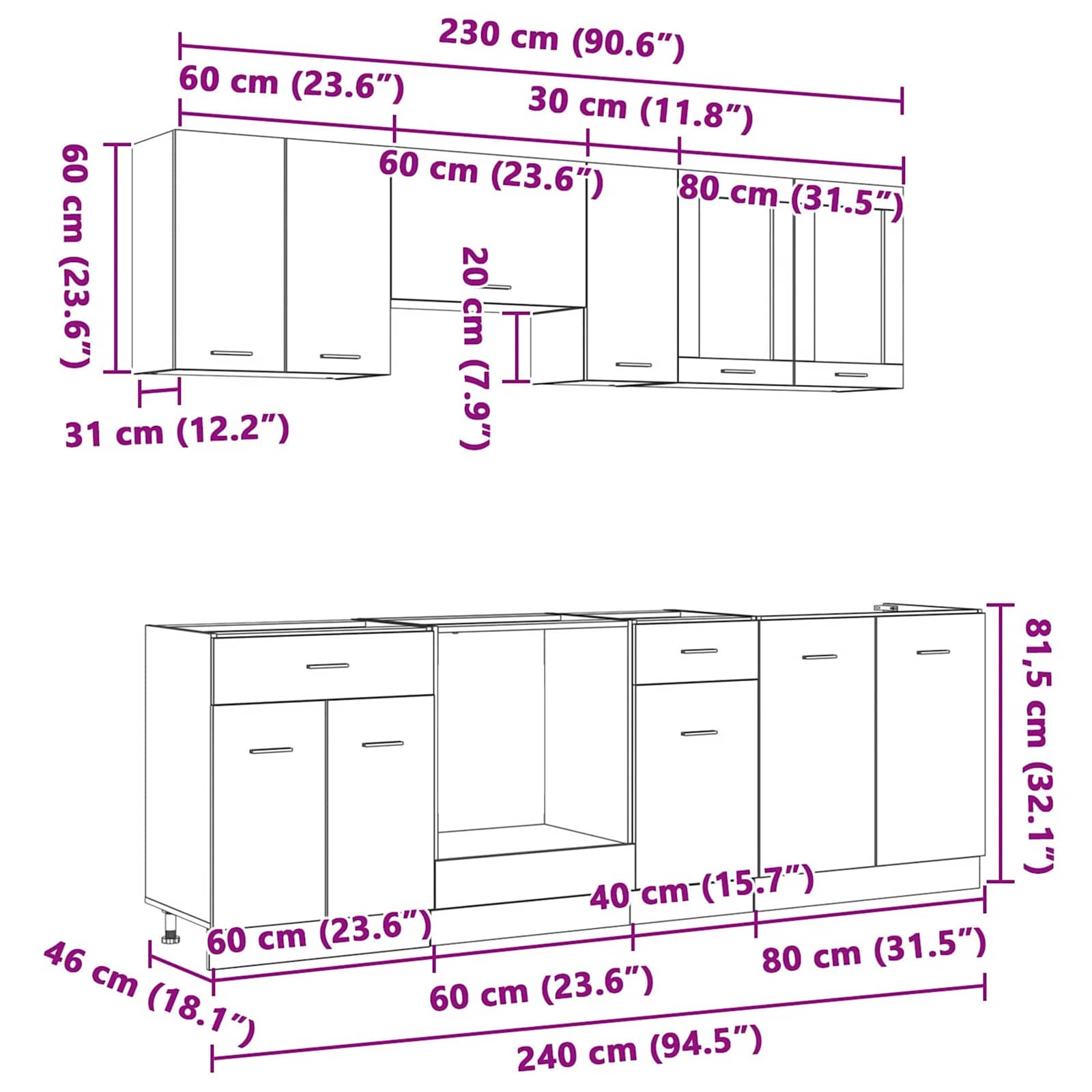 Küchenschrank-Set mit Tür Lyon 8 pcs Räuchereiche Holzwerkstoff
