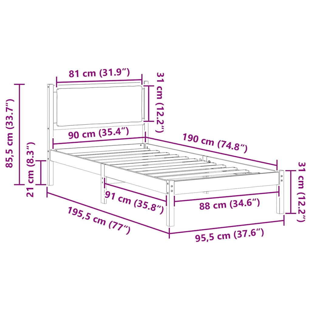 Bettrahmen Schwarz 90 x 190 cm Massives Kiefernholz