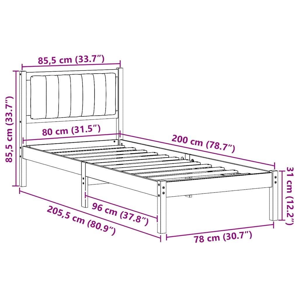 Bettgestell mit gepolstertem Kopfteil Schwarz 80 x 200 cm