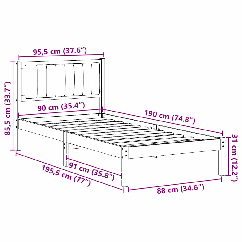 Bettgestell mit gepolstertem Kopfteil Schwarz 90 x 190 cm