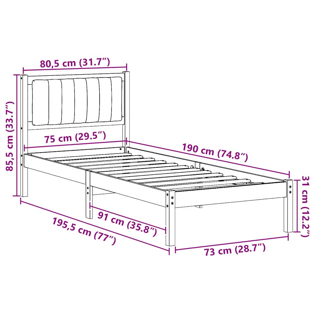 Bettgestell mit gepolstertem Kopfteil Schwarz 75 x 190 cm