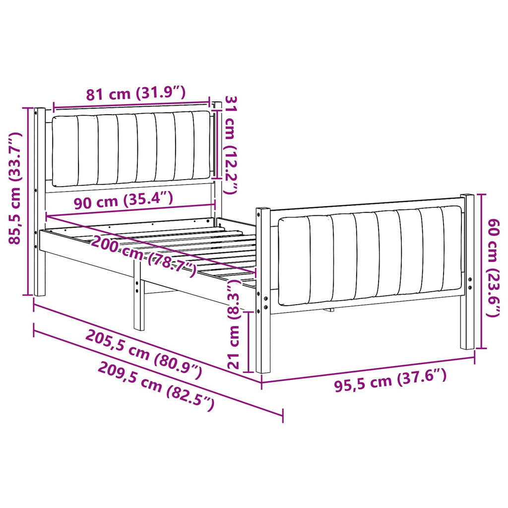 Bettgestell Braun und Dunkelgrau 90 x 200 cm Massivholz Kiefer