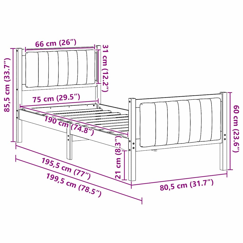 Bettgestell Braun und hellgrau 75 x 190 cm Massivholz Kiefer