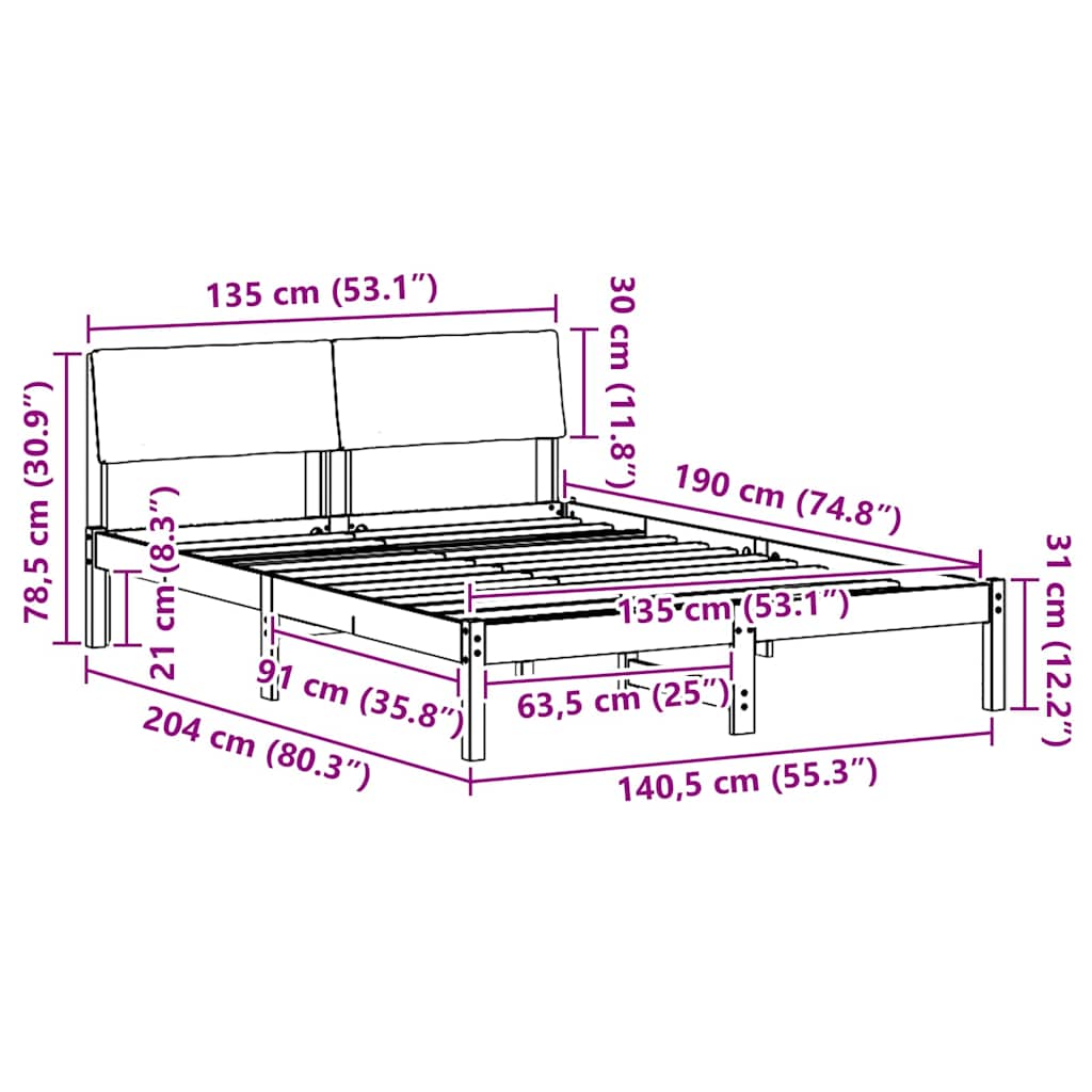 Bettgestell Braun und Dunkelgrau 135 x 190 cm Massivholz Kiefer