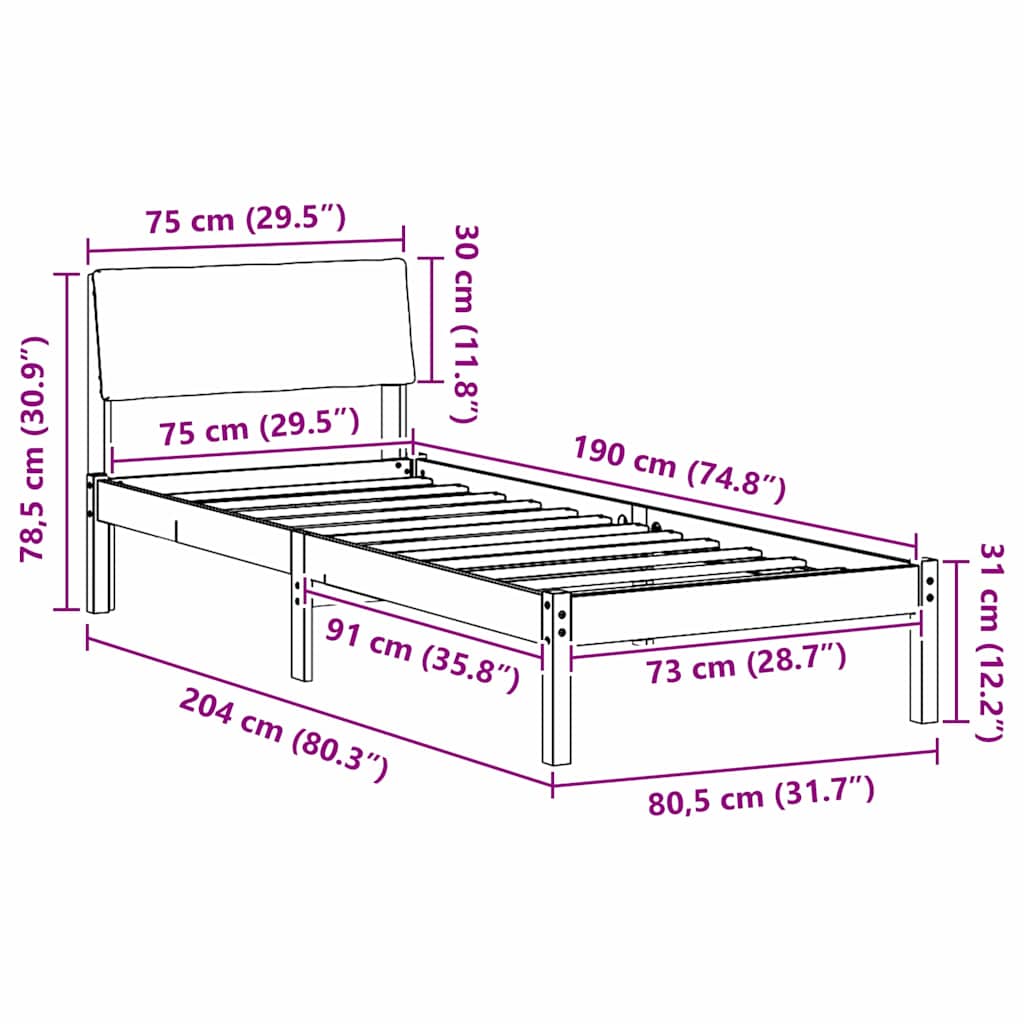 Bettgestell Braun und hellgrau 75 x 190 cm Massivholz Kiefer