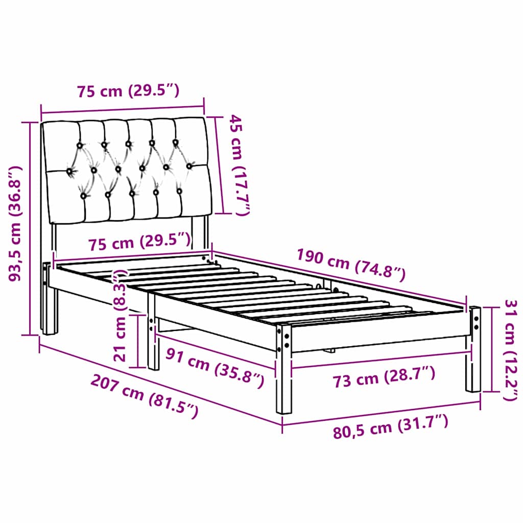 Bettgestell mit gepolstertem Kopfteil Braun 75 x 190 cm