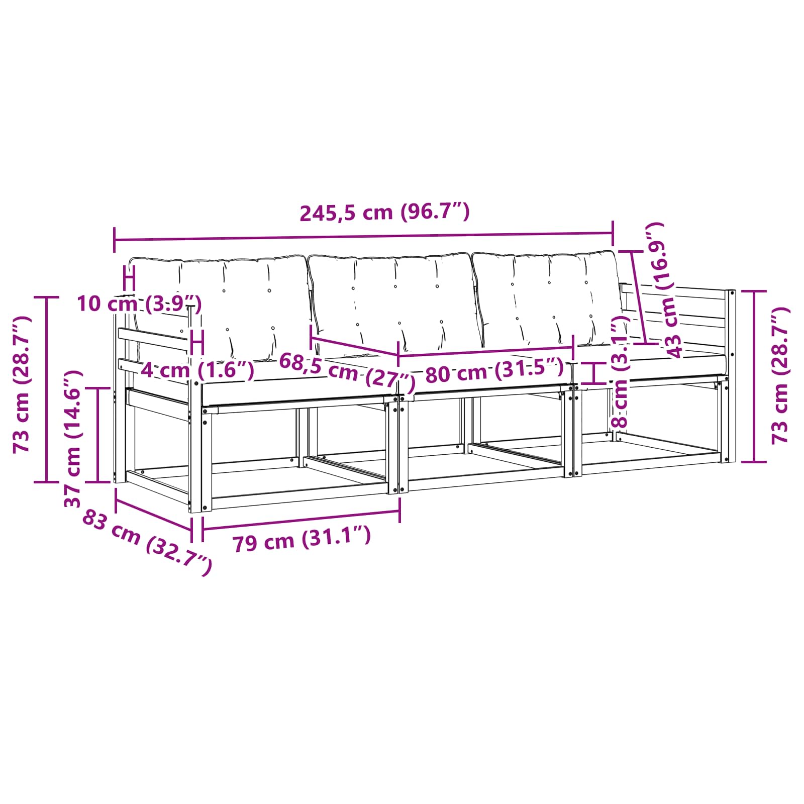 Outdoor-Sofagarnitur mit Kissen 3 pcs Weiß und Schwarz