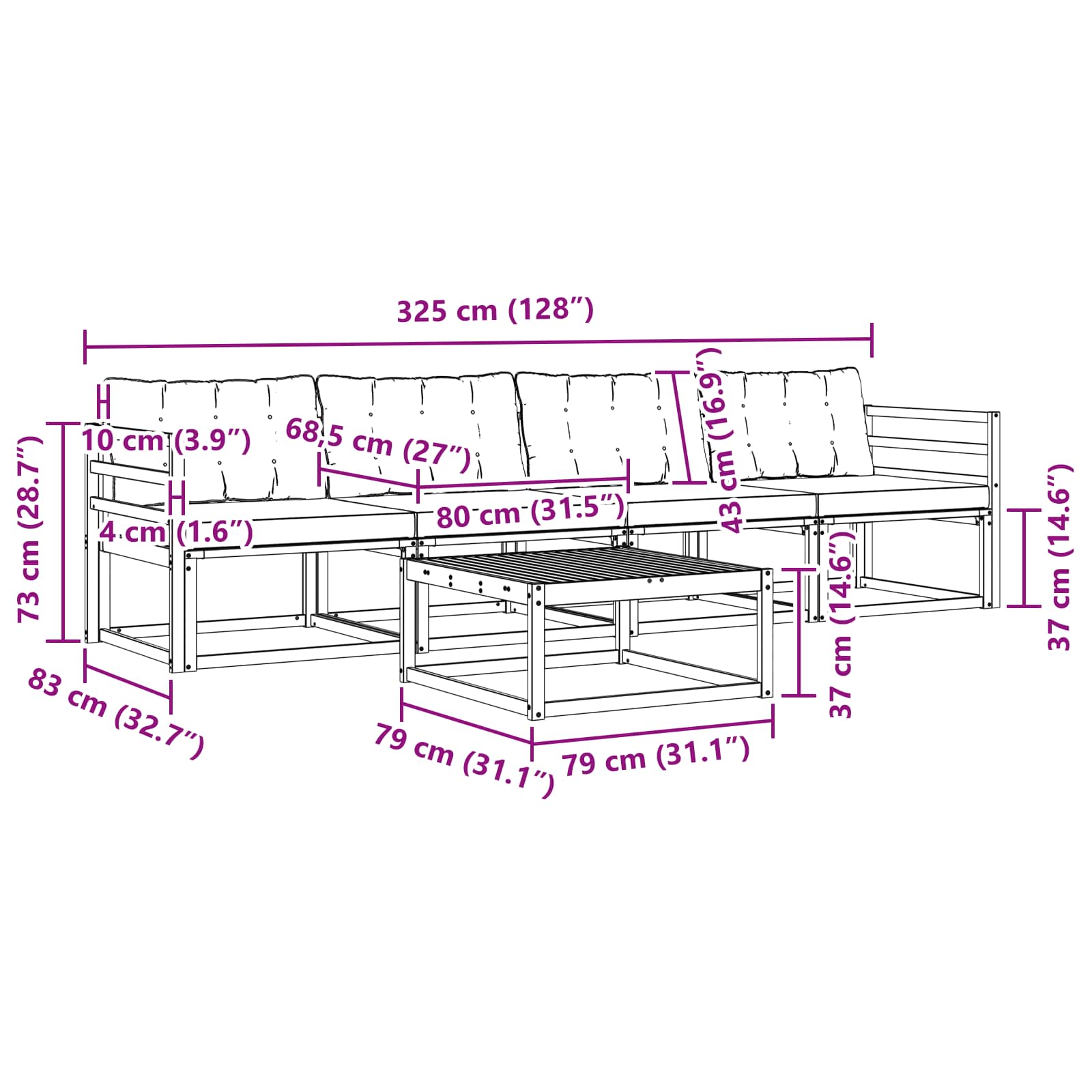 Outdoor-Sofagarnitur 5 pcs Weiß und Schwarz 79 x 79 x 37 cm