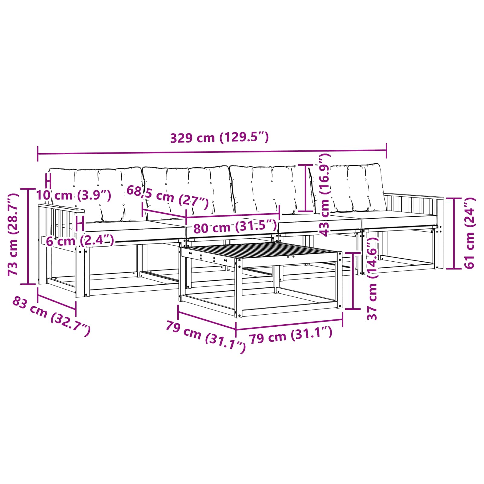 Outdoor-Sofagarnitur 5 pcs Weiß und Schwarz 79 x 79 x 37 cm