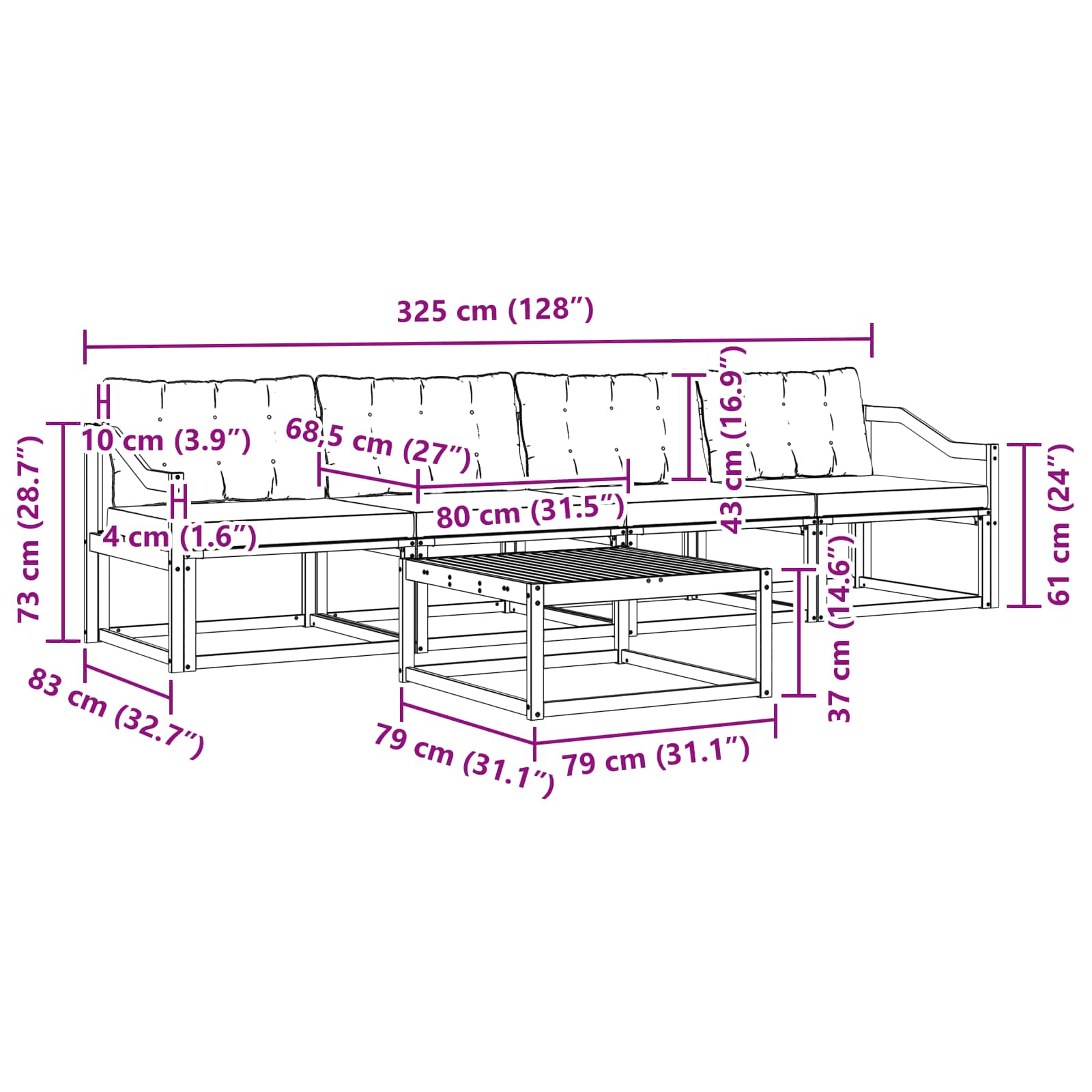 Outdoor-Sofagarnitur 5 pcs Weiß und Hellgrau 79 x 79 x 37 cm