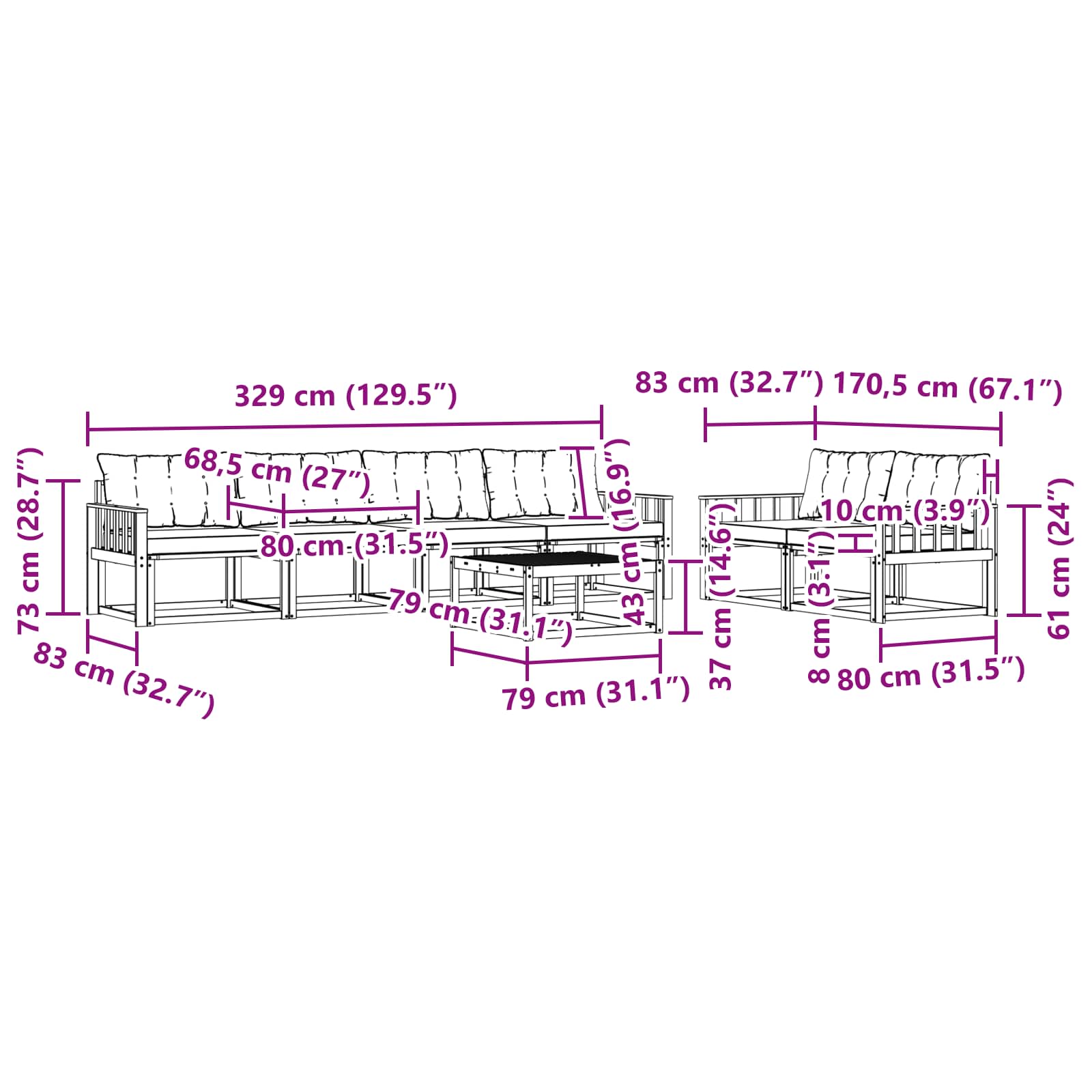 Outdoor-Sofagarnitur 7 pcs Weiß und Hellgrau 79 x 79 x 37 cm