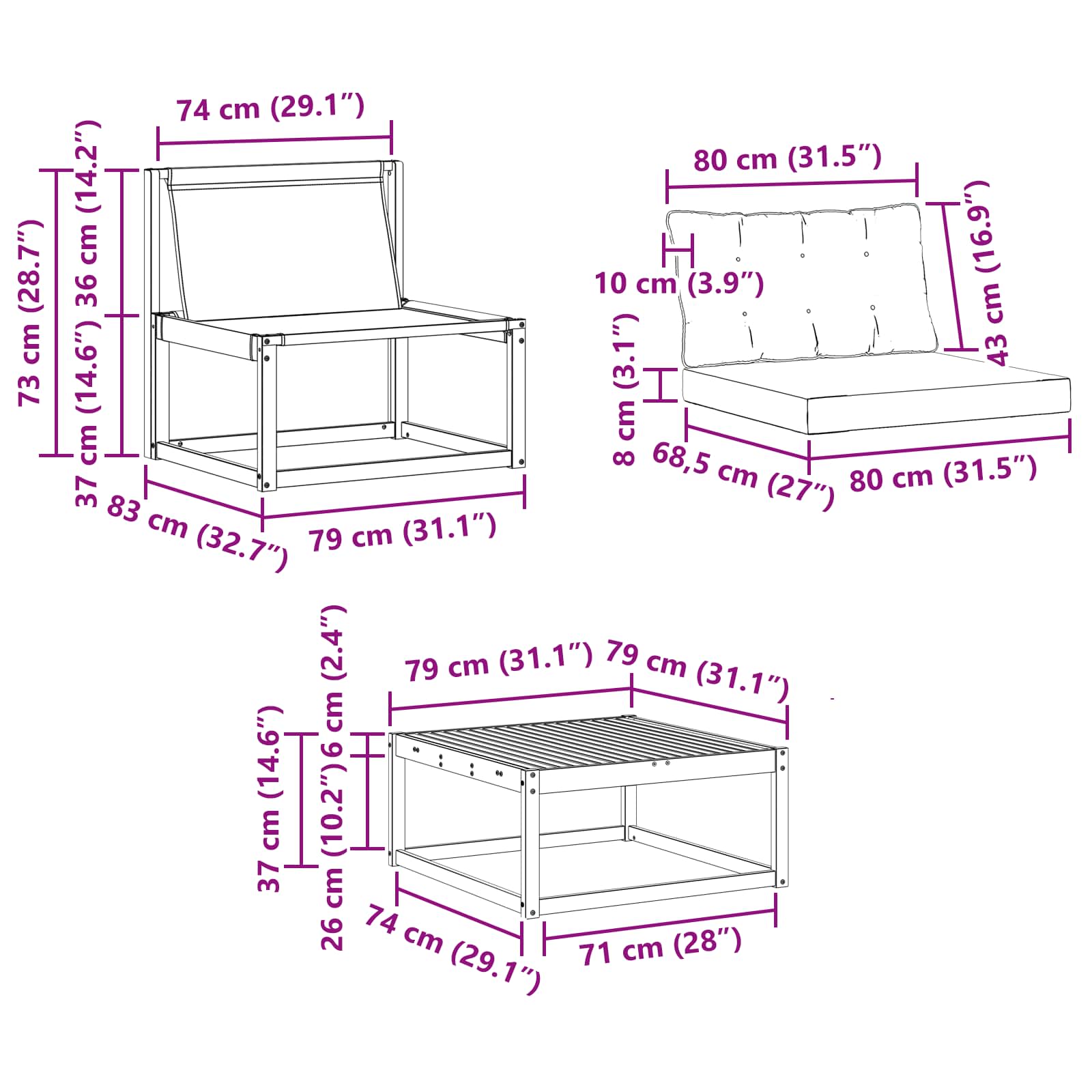 Outdoor-Sofagarnitur 9 pcs Weiß und Hellgrau 79 x 79 x 37 cm