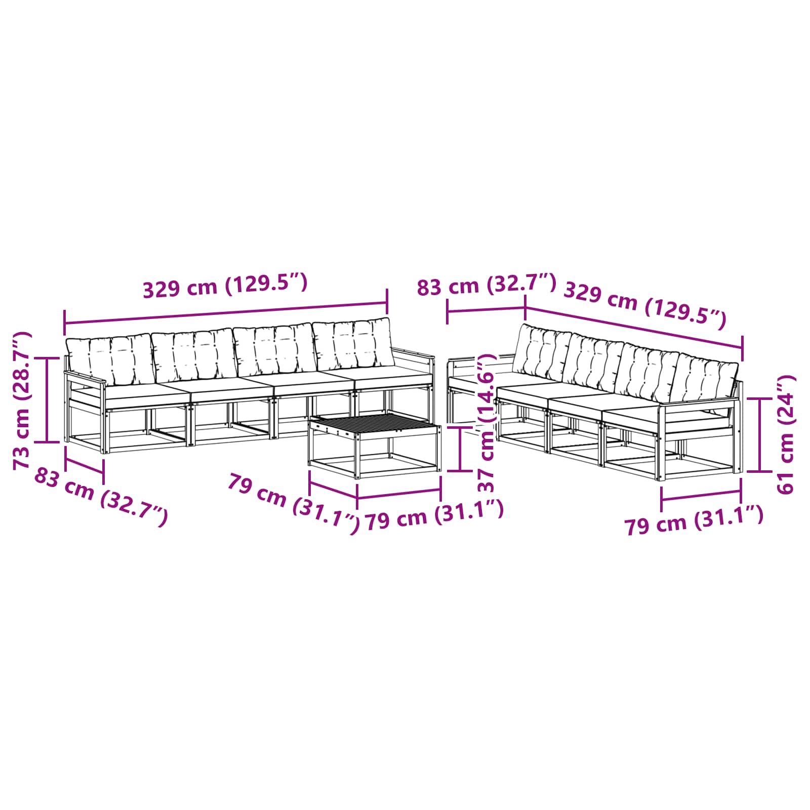 Outdoor-Sofagarnitur 9 pcs Weiß und Schwarz 79 x 79 x 37 cm