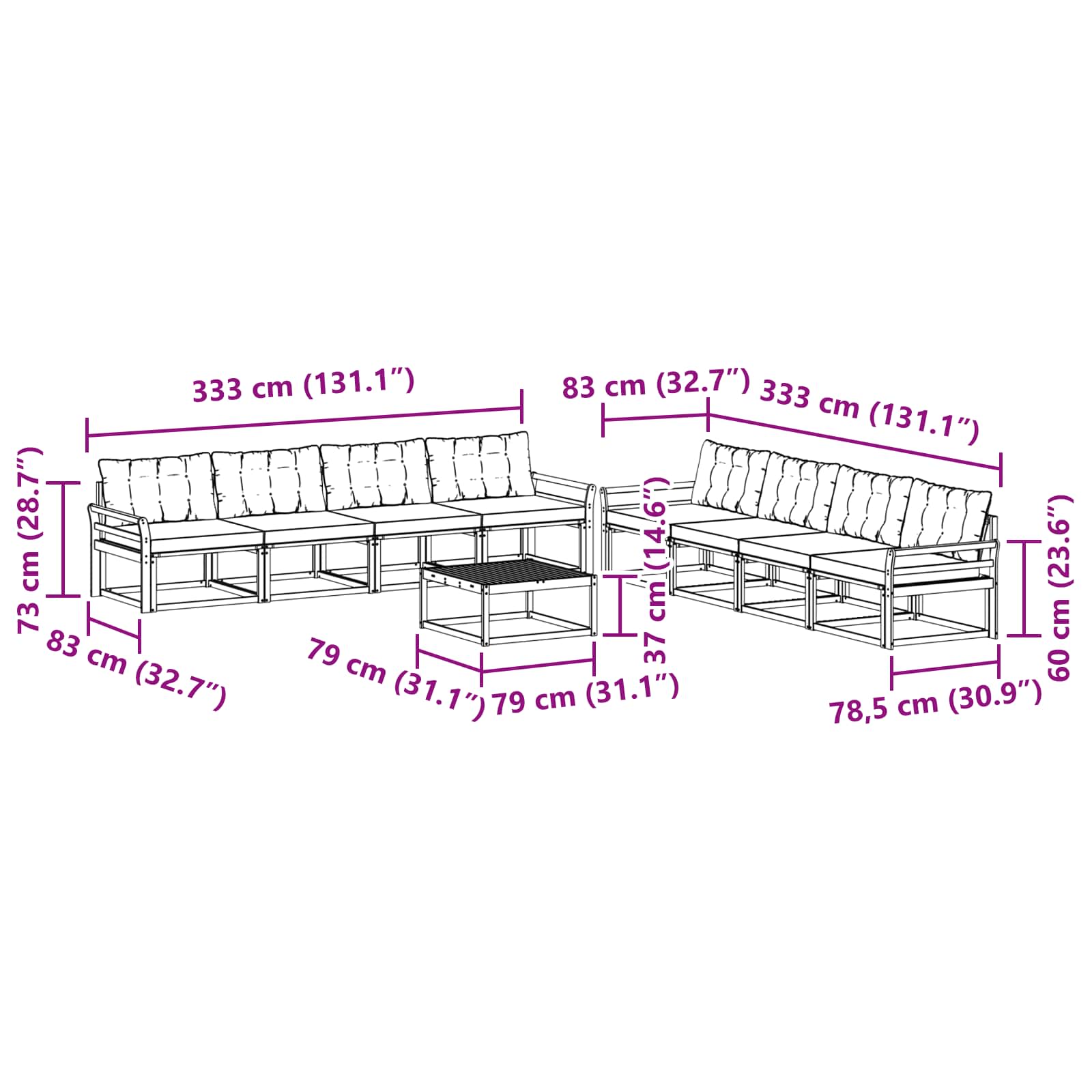 Outdoor-Sofagarnitur 9 pcs Weiß und Schwarz 79 x 79 x 37 cm