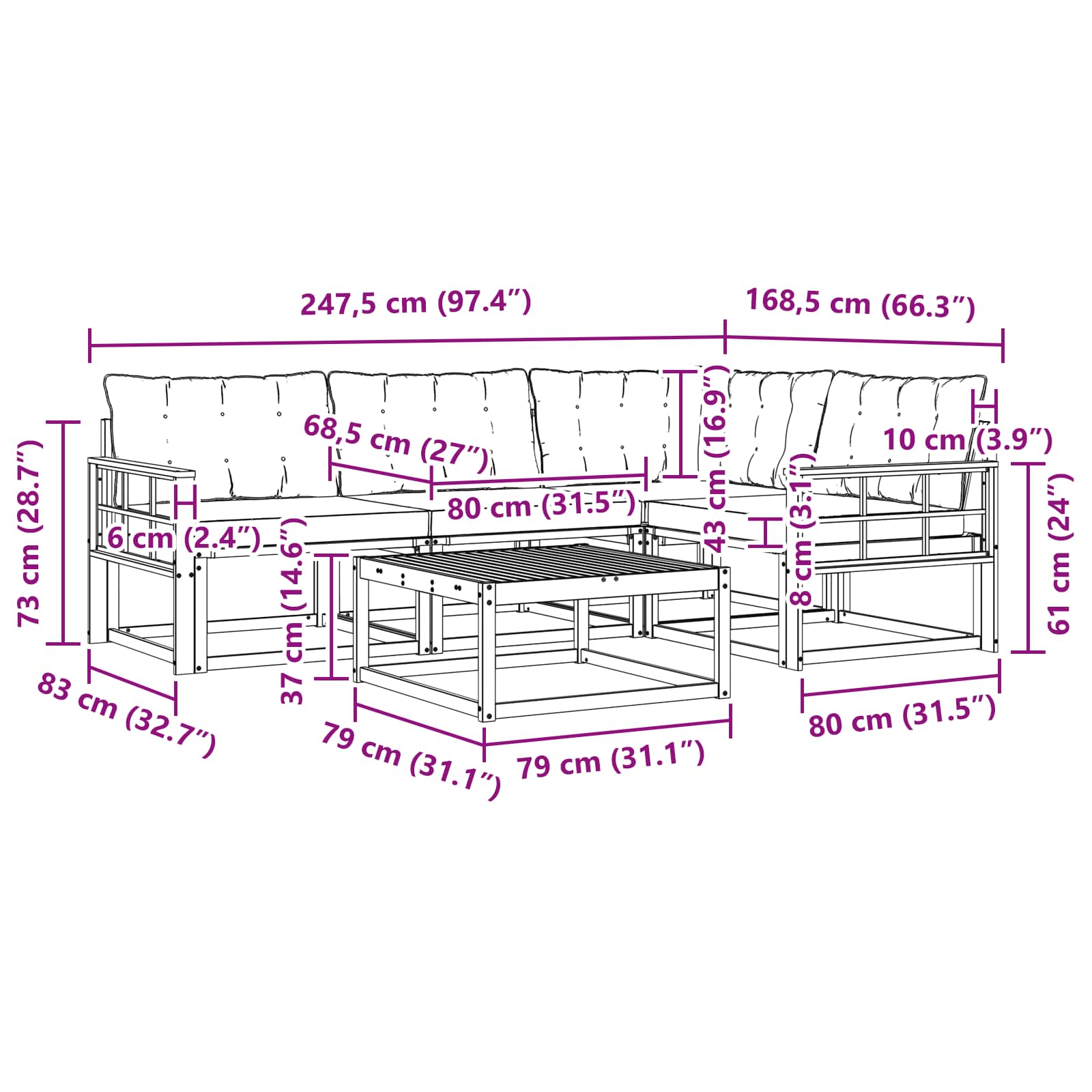 Outdoor-Sofagarnitur 5 pcs Weiß und Schwarz 79 x 79 x 37 cm
