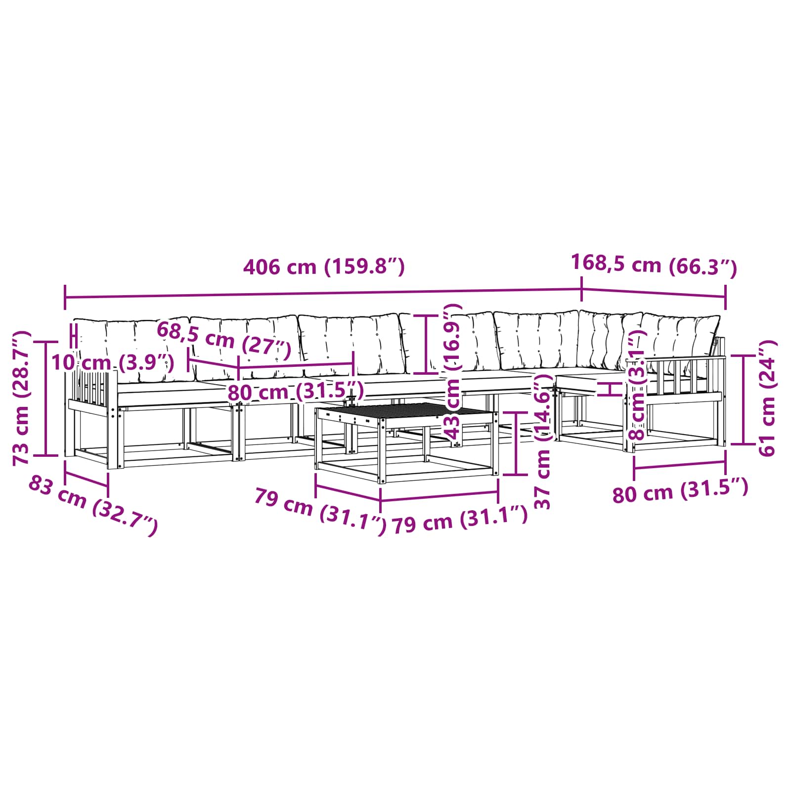 Outdoor-Sofagarnitur 7 pcs Weiß und Schwarz 79 x 79 x 37 cm