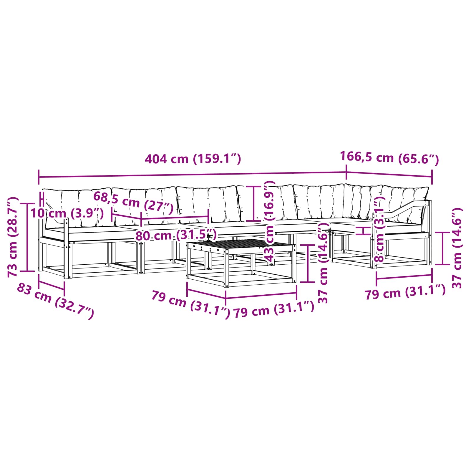 Outdoor-Sofagarnitur 7 pcs Weiß und Schwarz 79 x 79 x 37 cm