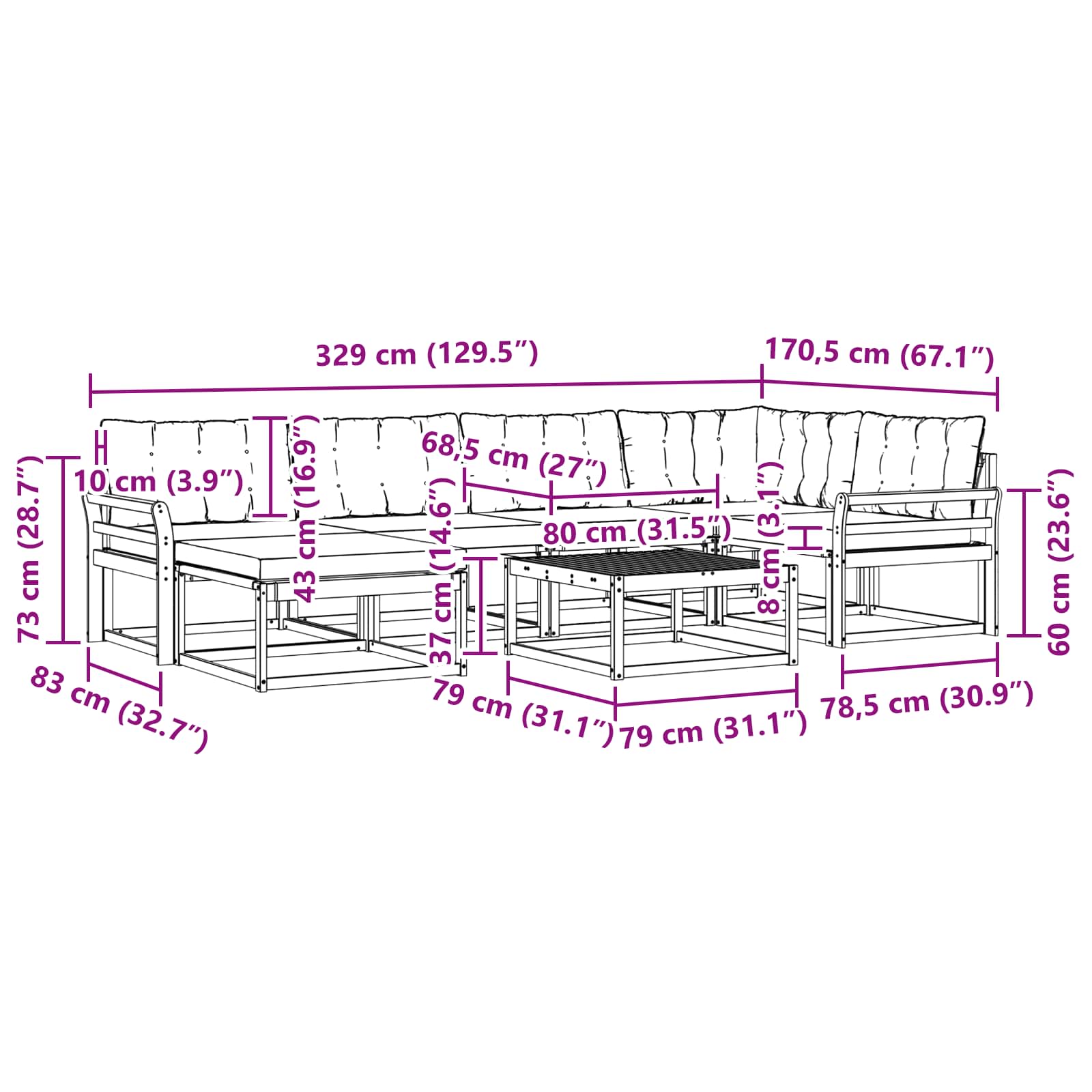 Outdoor-Sofagarnitur 7 pcs Weiß und Hellgrau 79 x 79 x 37 cm