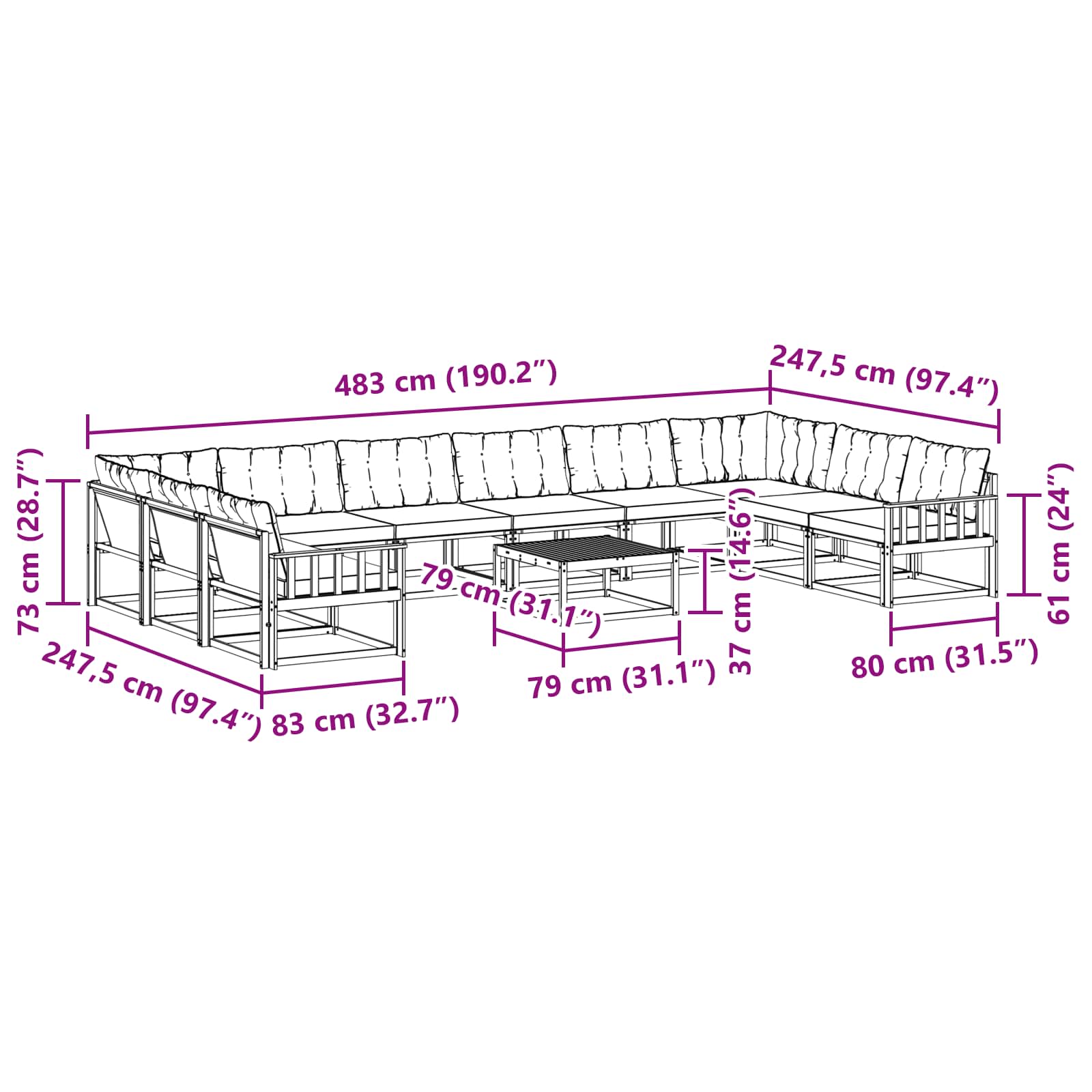 Outdoor-Sofagarnitur mit Kissen 11 pcs Weiß und Schwarz