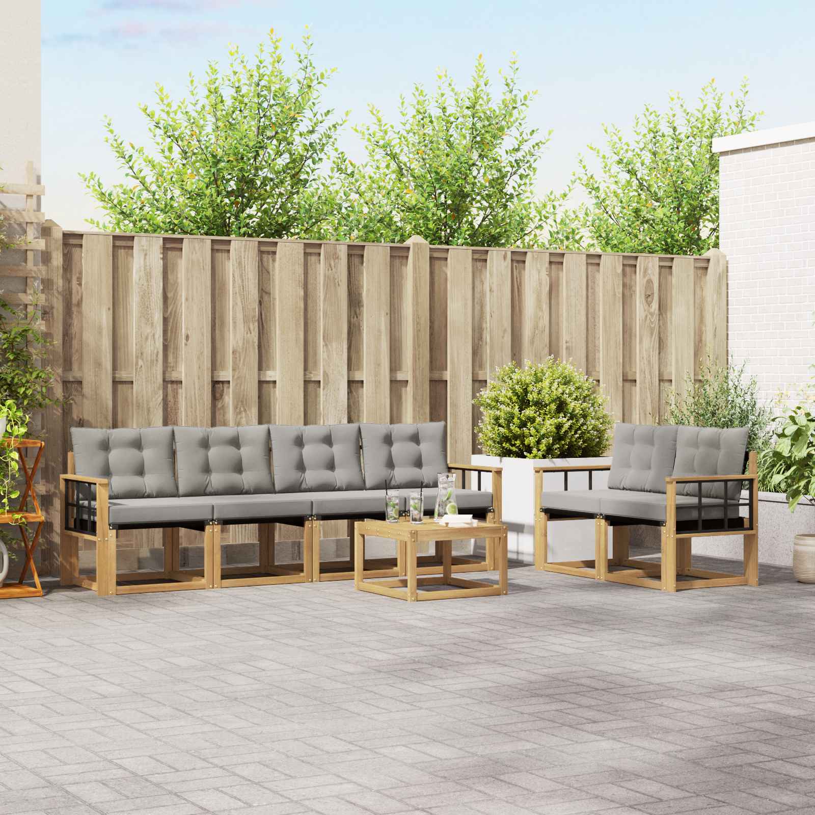 Outdoor-Sofagarnitur mit Kissen 7 pcs Weiß und Hellgrau