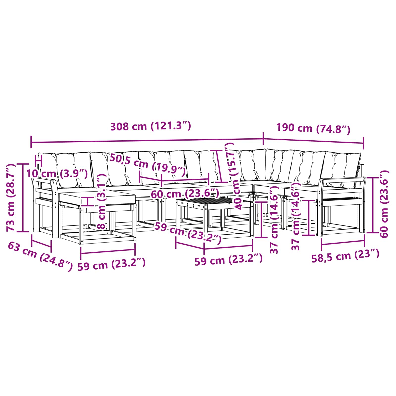 Outdoor-Sofagarnitur mit Kissen 9 pcs Weiß und Creme