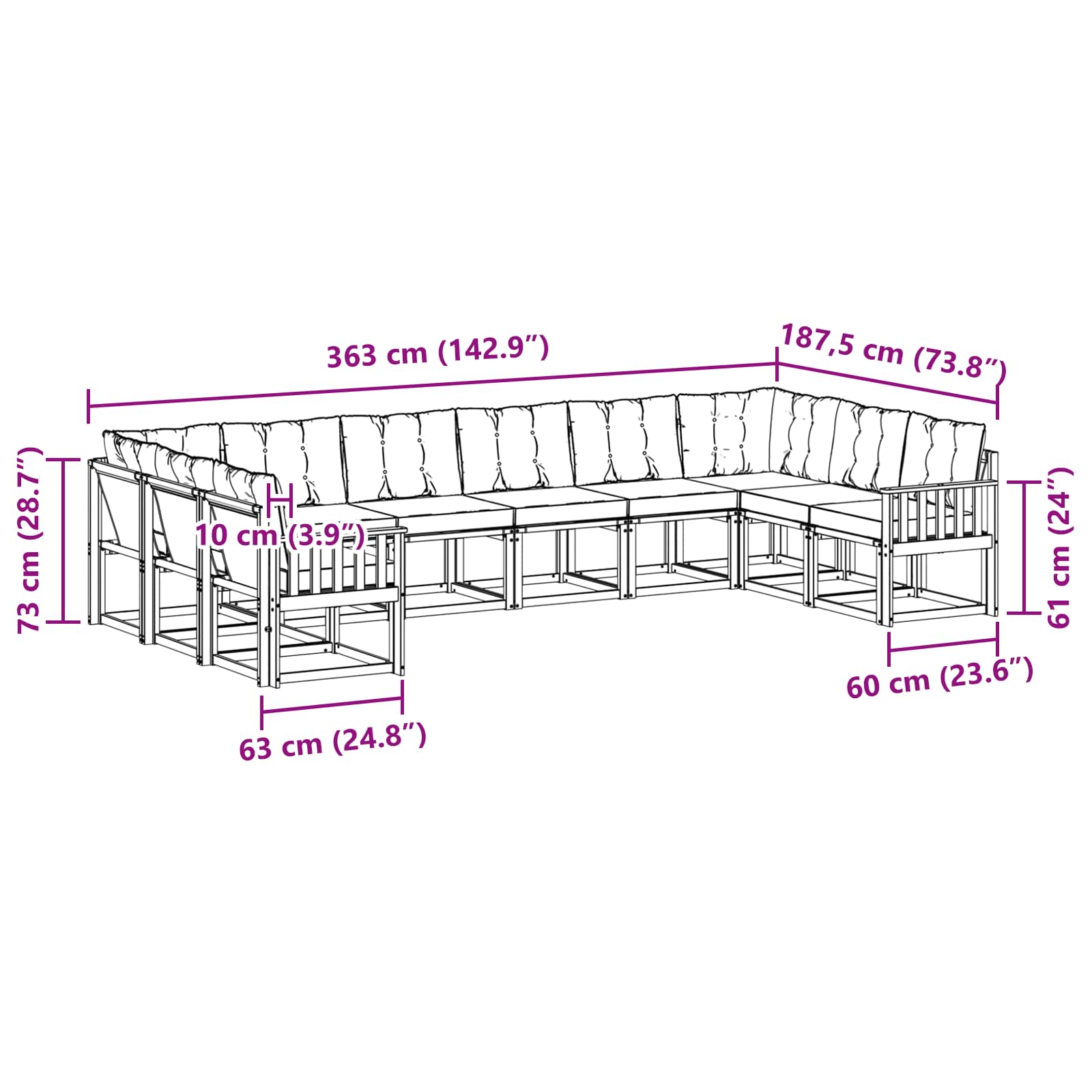 Outdoor-Sofagarnitur mit Kissen 10 pcs Weiß und Schwarz