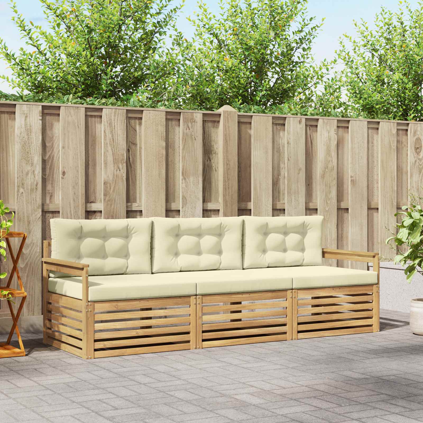 Outdoor-Sofagarnitur mit Kissen 3 pcs Weiß und Creme Polyester