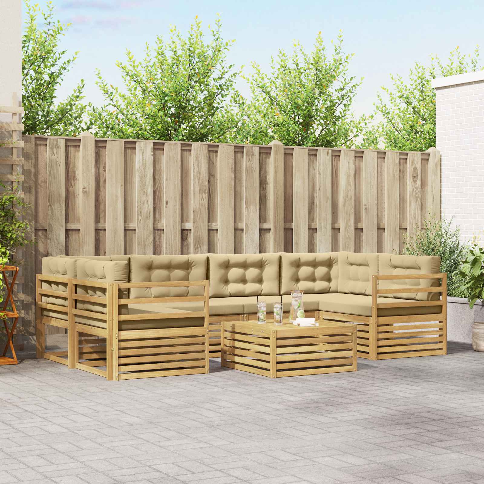 Outdoor-Sofagarnitur mit Kissen 7 pcs Weiß und Beige Polyester