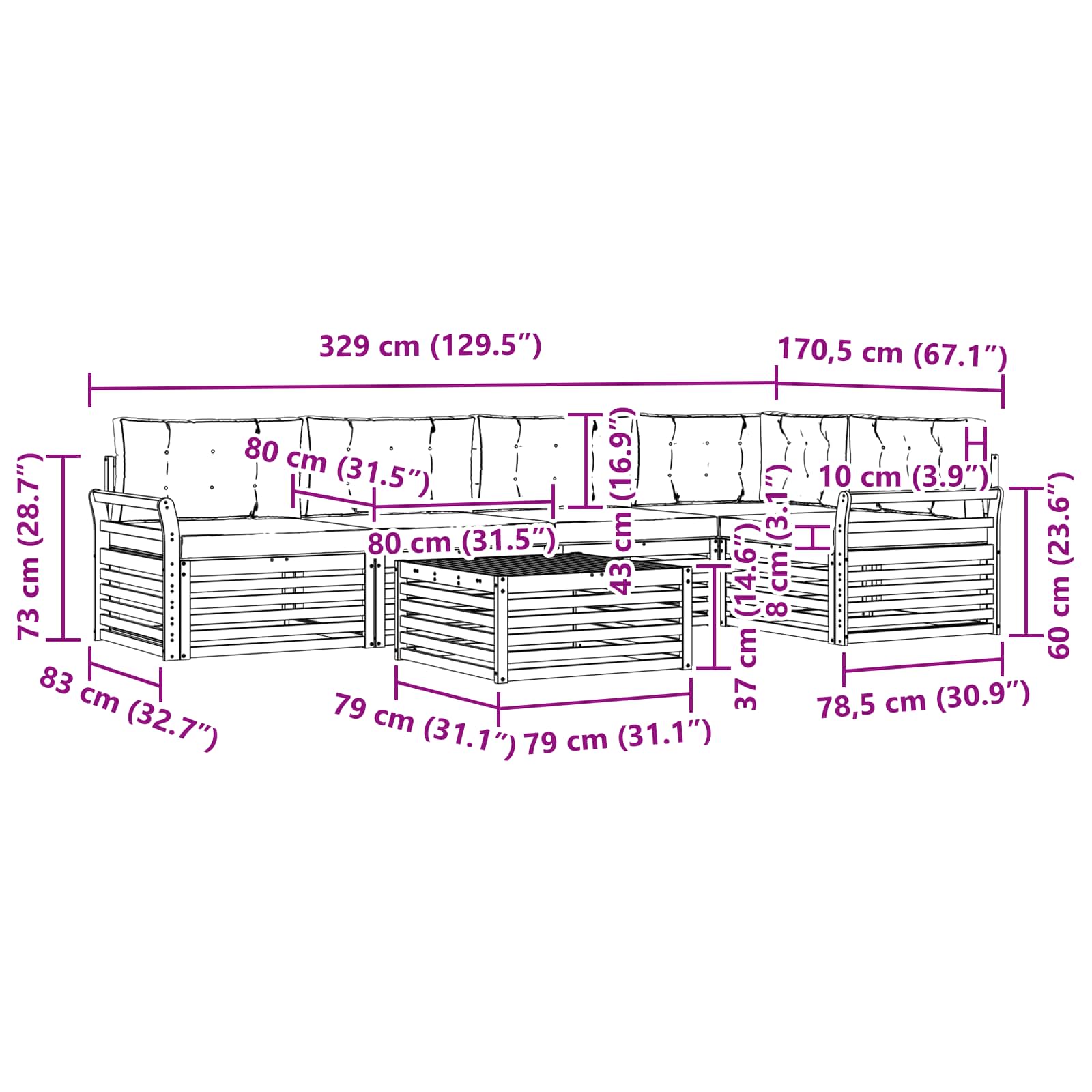 Outdoor-Sofagarnitur 6 pcs Weiß und Hellgrau 79 x 79 x 37 cm