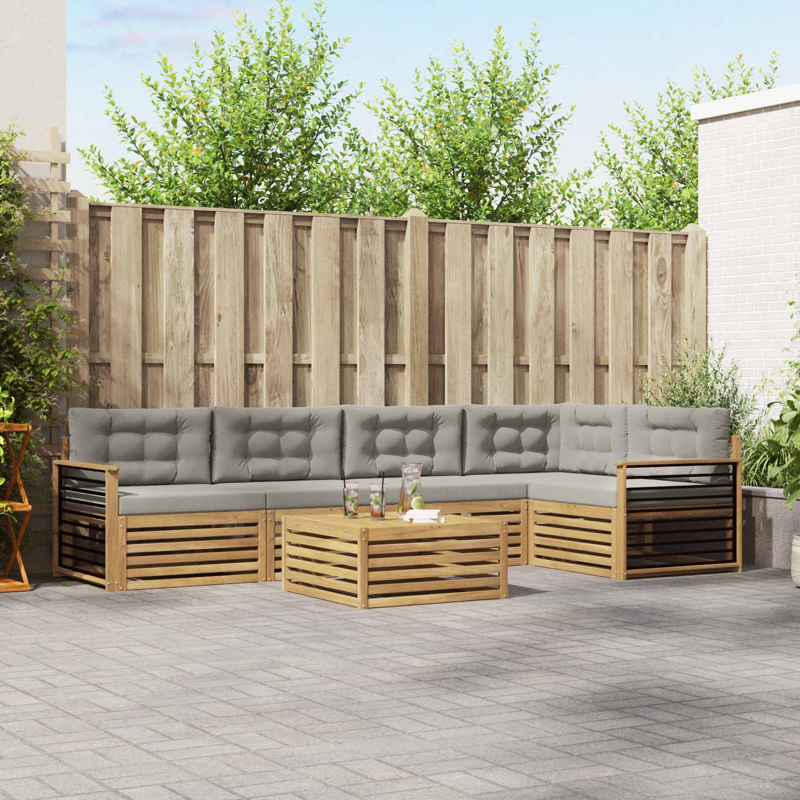 Outdoor-Sofagarnitur 6 pcs Weiß und Hellgrau Polyester